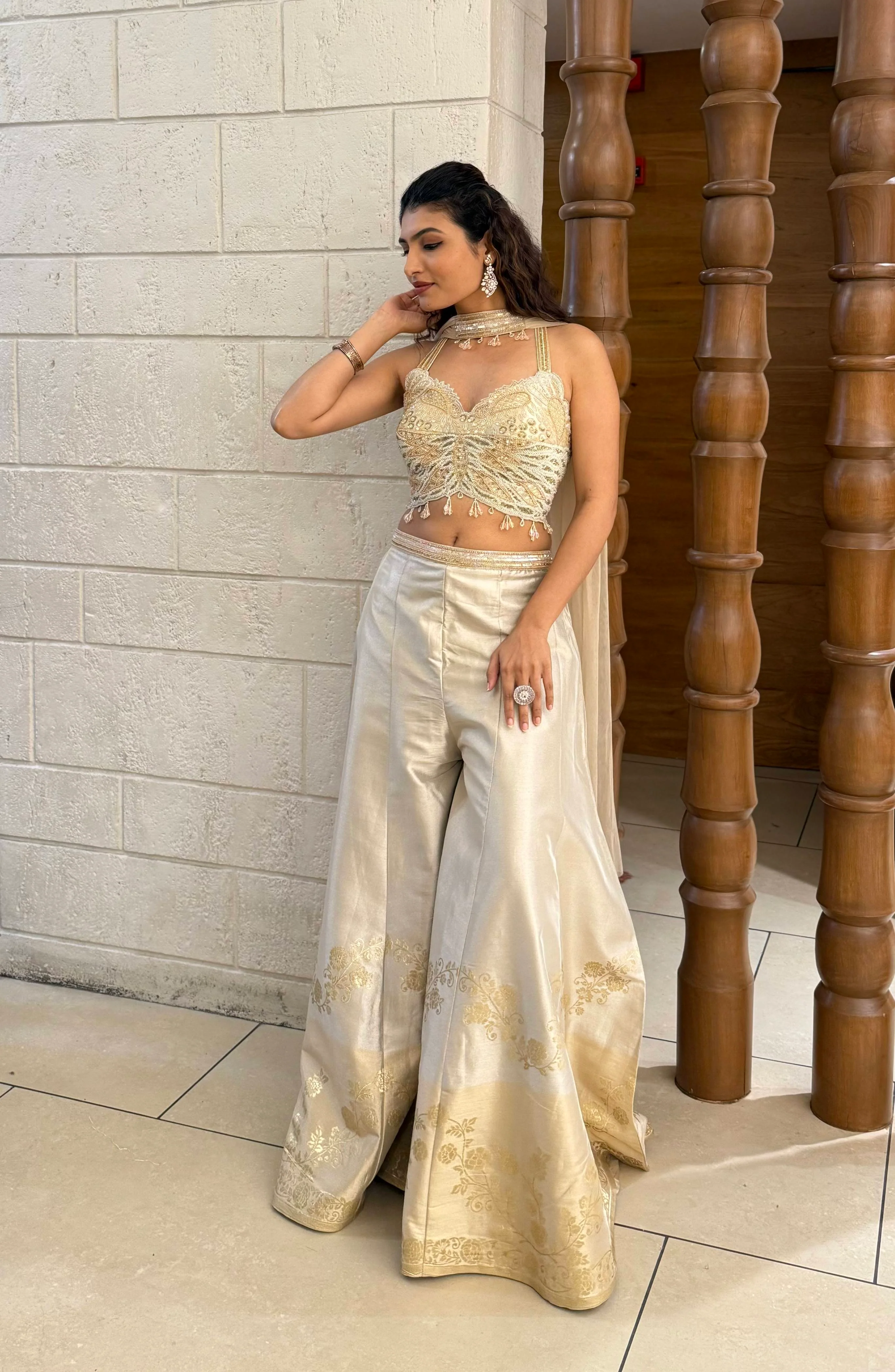 Ivory Gold Embroidered Corset Palazzo Set with Organza Cape Indo-Western Glam - Image 4