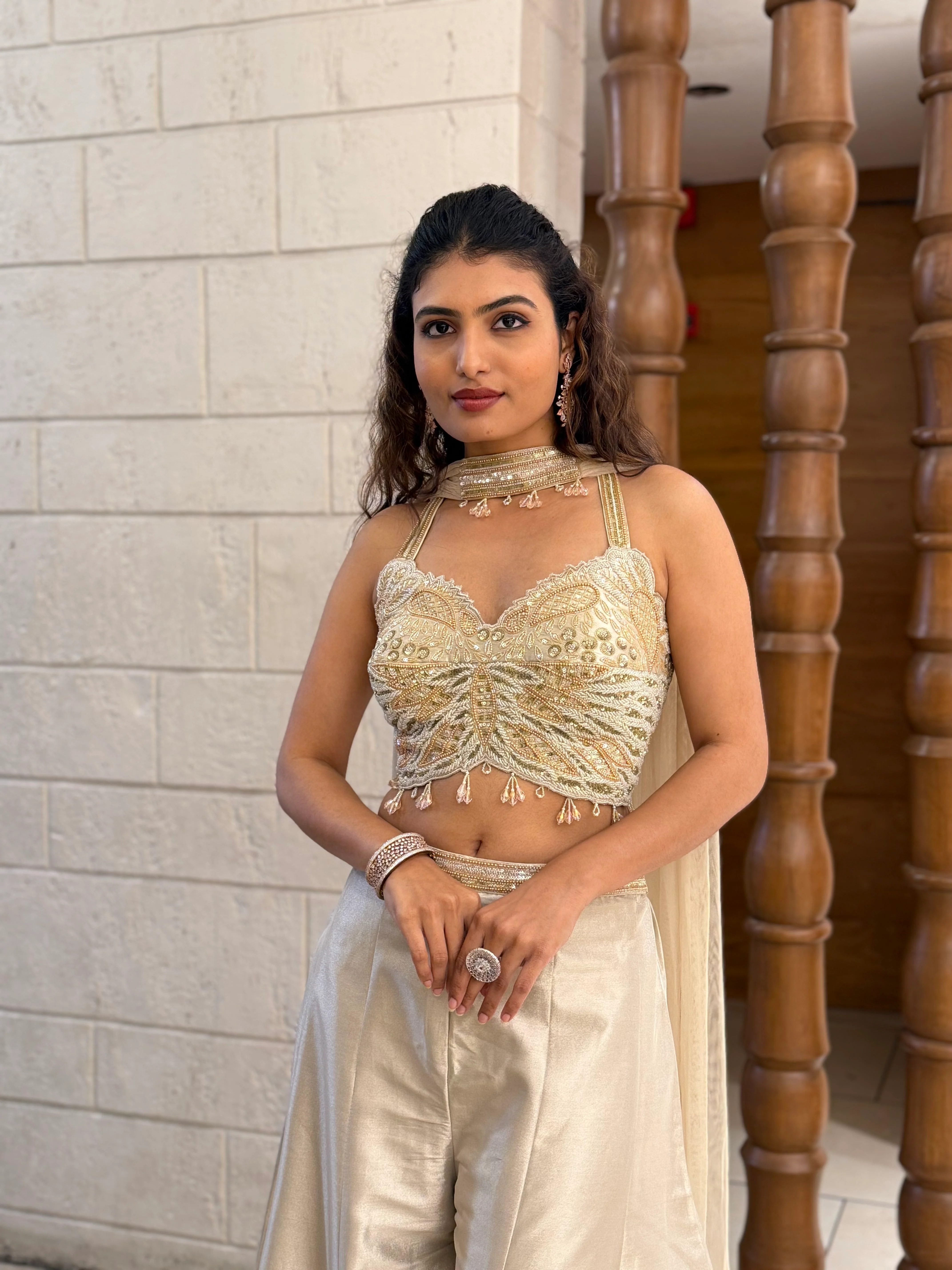 Ivory Gold Embroidered Corset Palazzo Set with Organza Cape Indo-Western Glam - Image 5