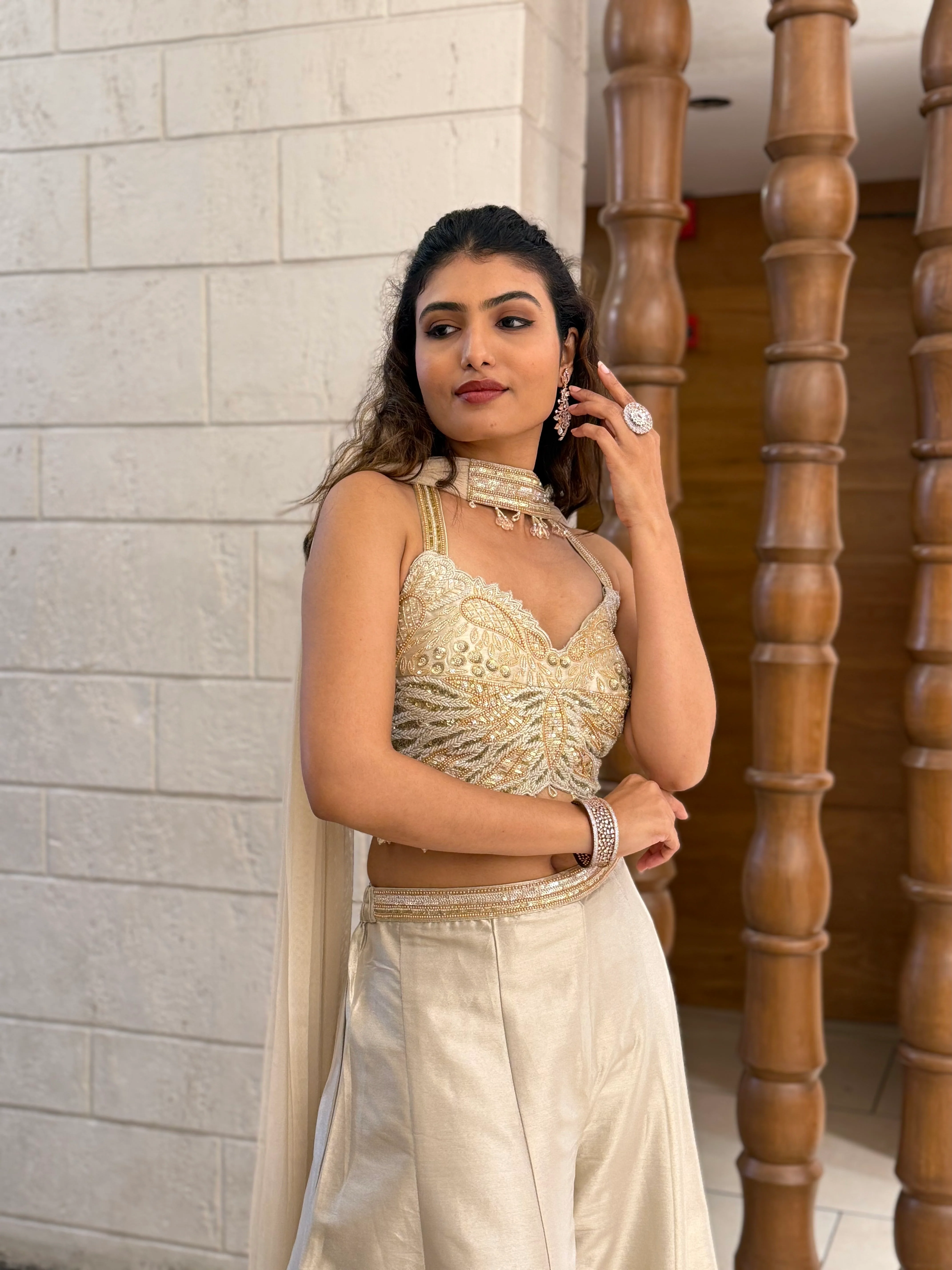 Ivory Gold Embroidered Corset Palazzo Set with Organza Cape Indo-Western Glam - Image 6