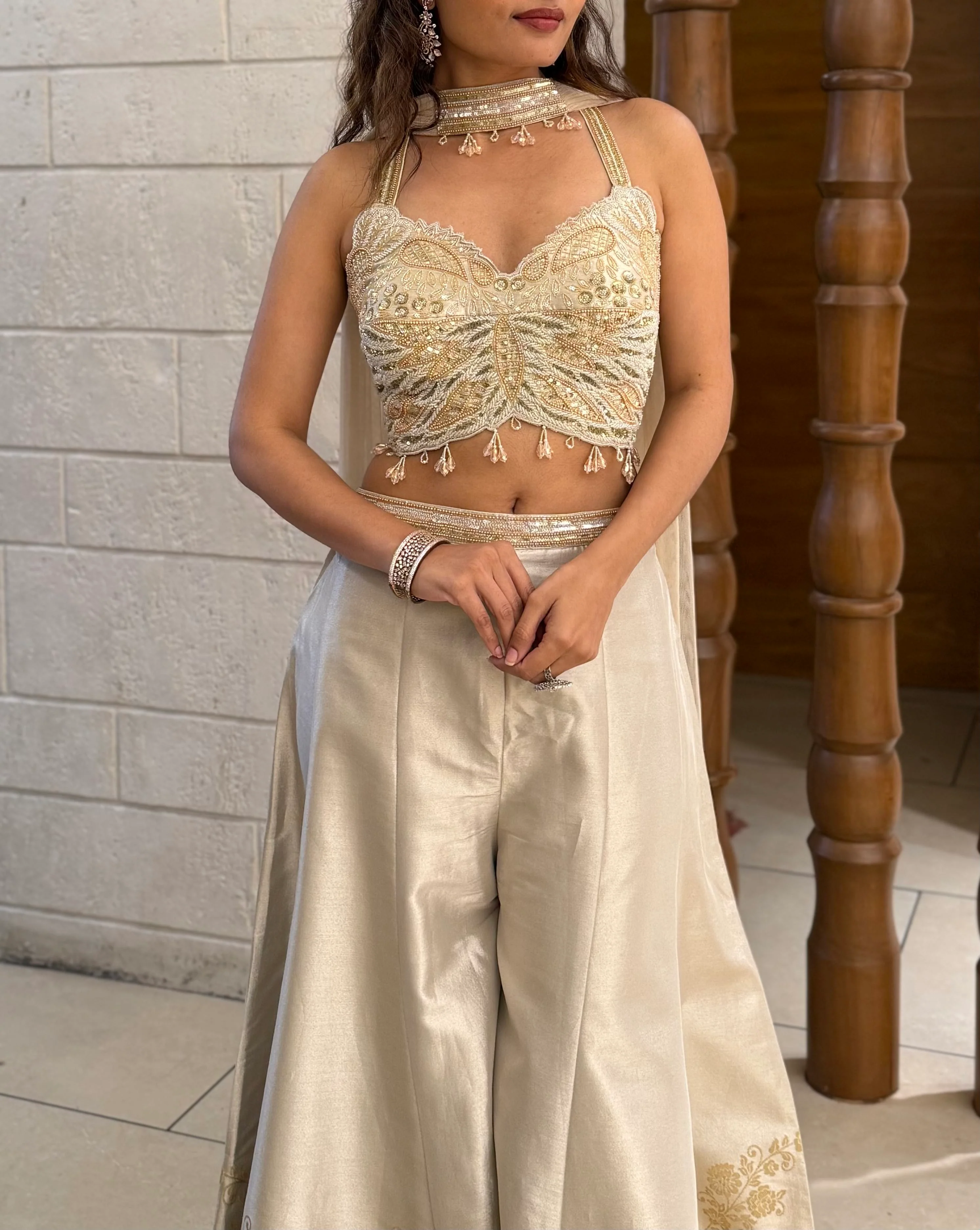 Ivory Gold Embroidered Corset Palazzo Set with Organza Cape Indo-Western Glam - Image 7
