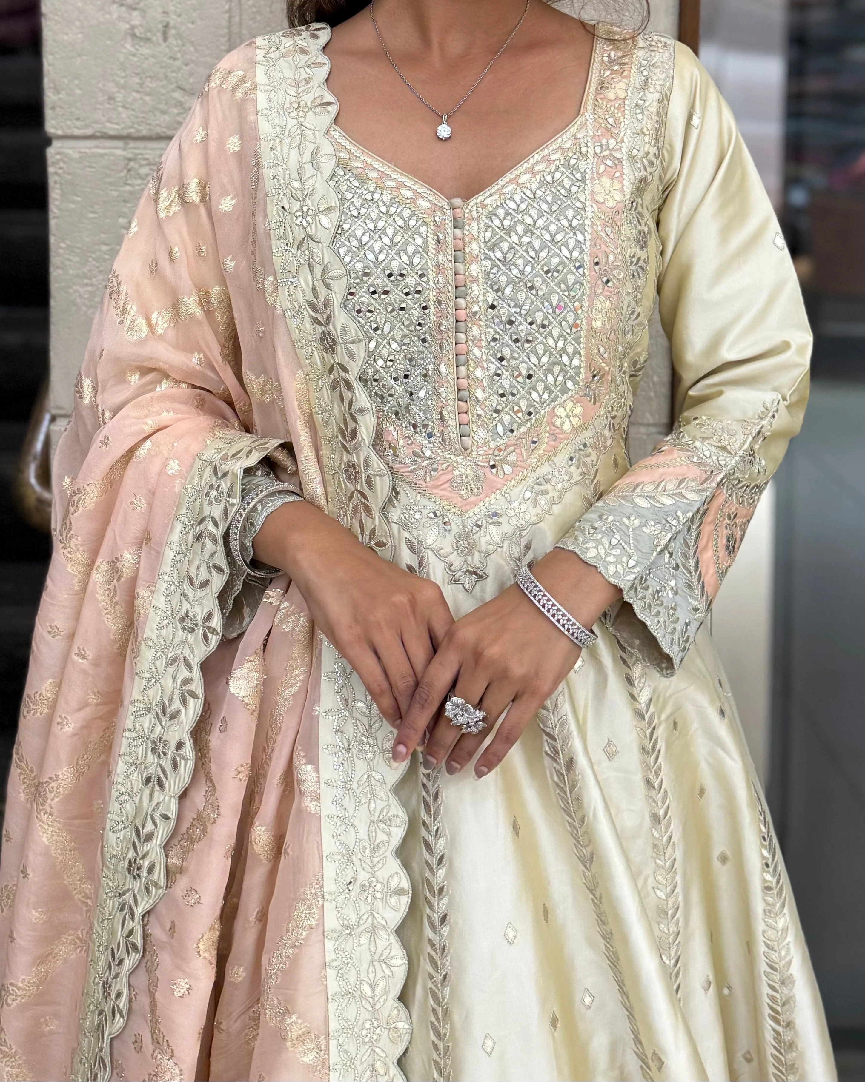 Ivory Gold Embroidered Designer Anarkali Gown with Blush Pink Dupatta - Image 2