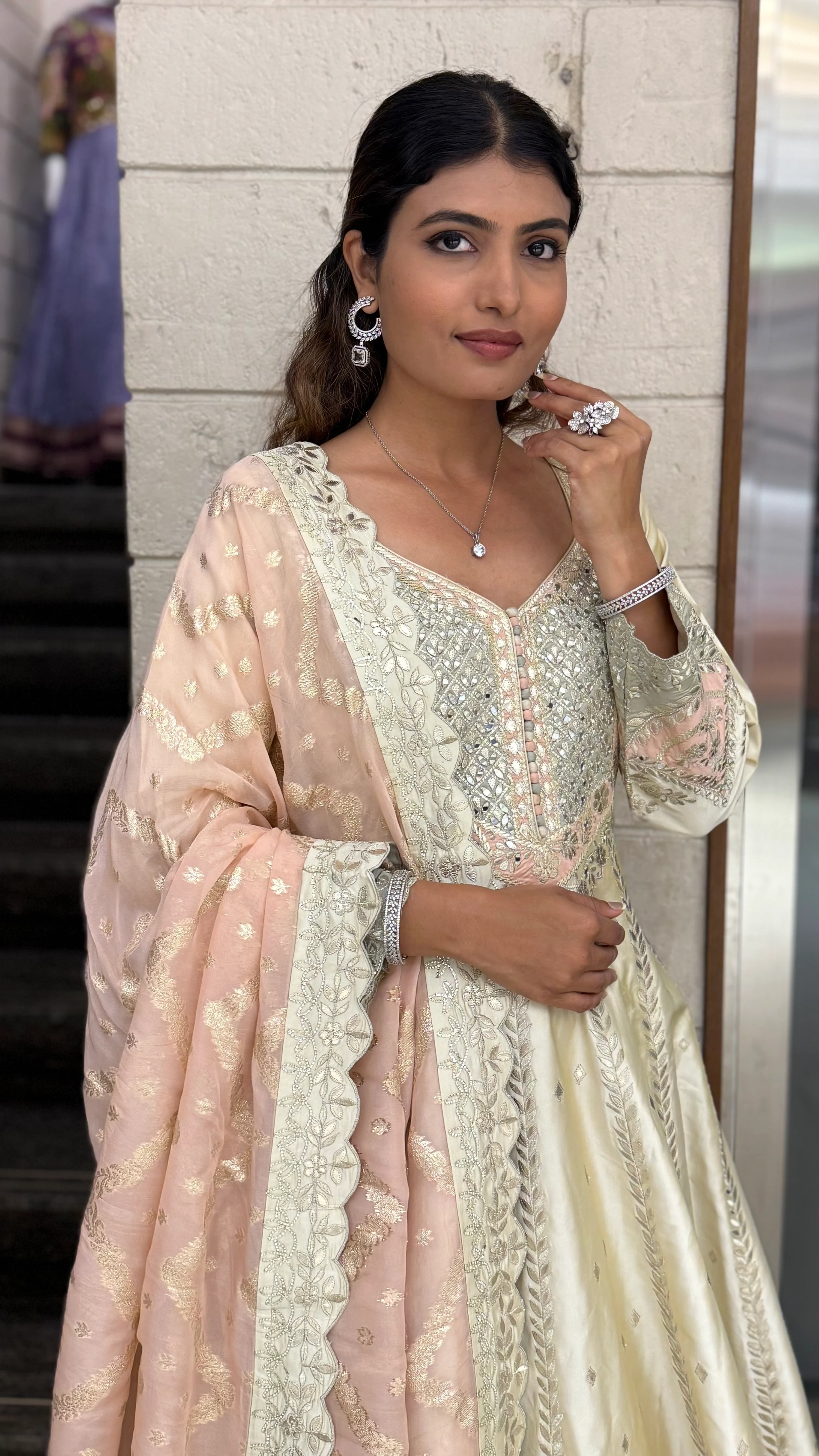 Ivory Gold Embroidered Designer Anarkali Gown with Blush Pink Dupatta - Image 3