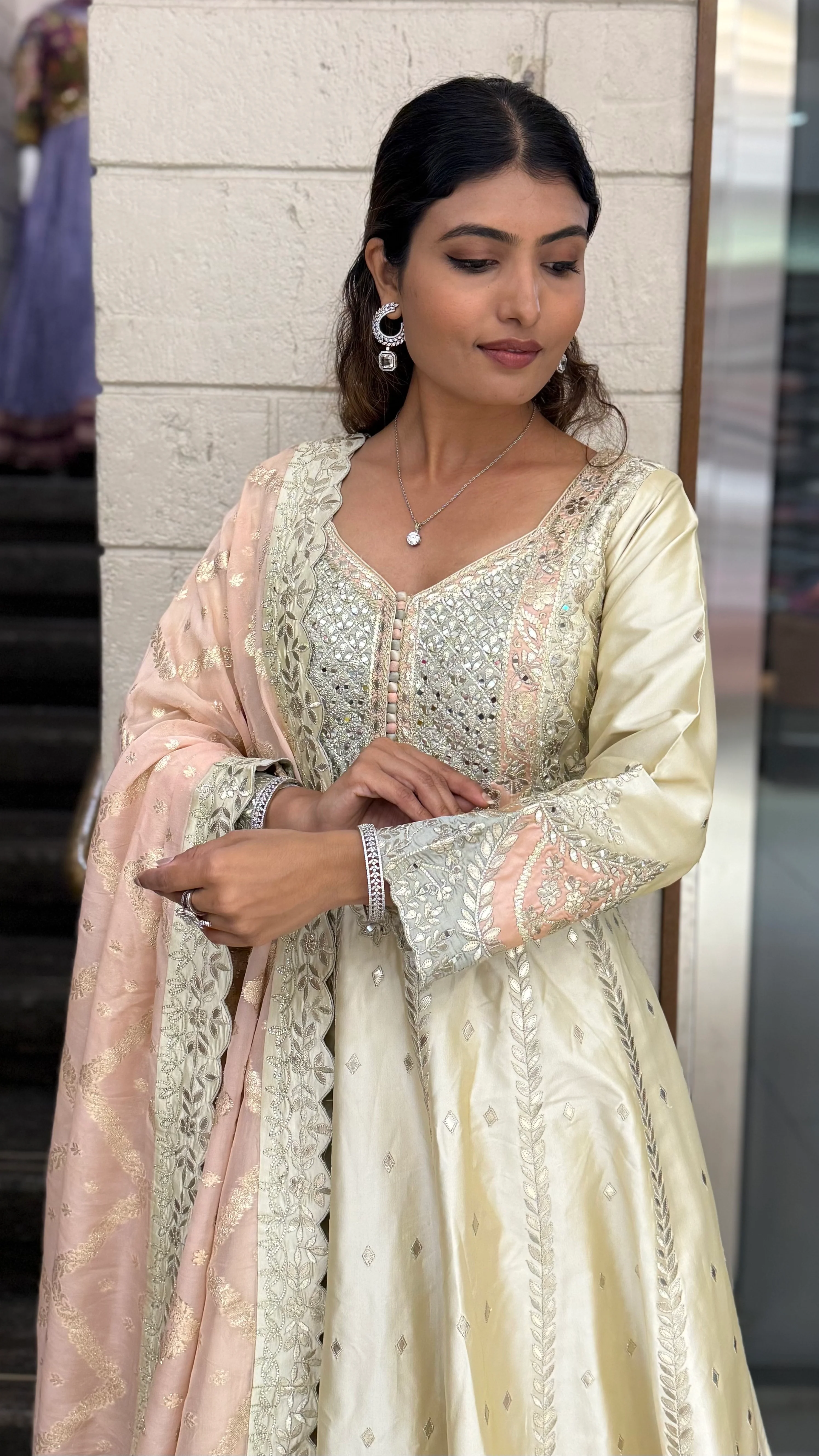 Ivory Gold Embroidered Designer Anarkali Gown with Blush Pink Dupatta - Image 4