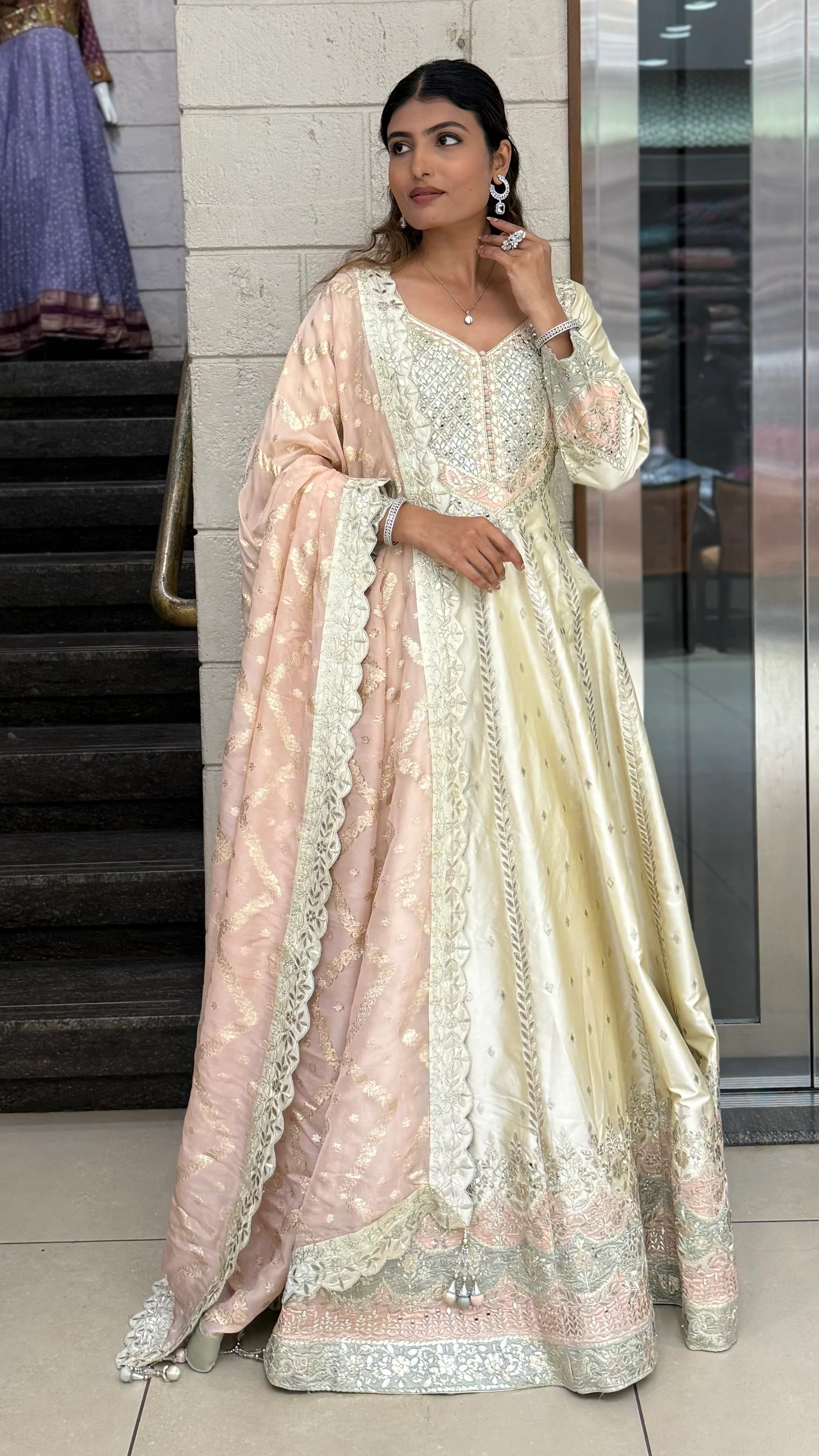 Ivory Gold Embroidered Designer Anarkali Gown with Blush Pink Dupatta - Image 5