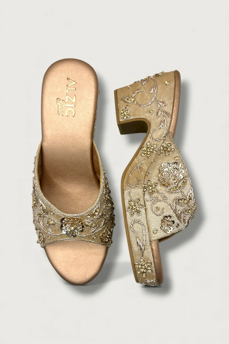 Ivory Gold Embroidered Wedge Heels – Bridal & Festive Designer Footwear - Image 2