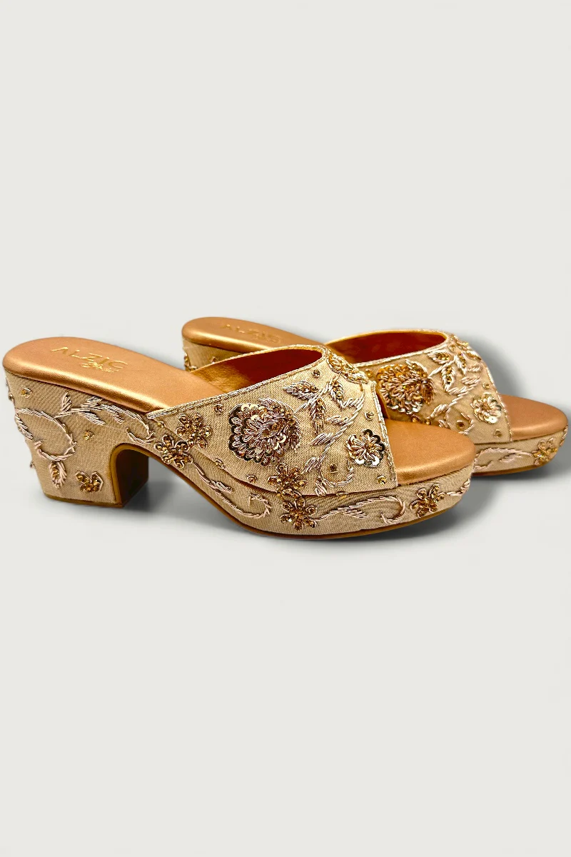 Ivory Gold Embroidered Wedge Heels – Bridal & Festive Designer Footwear - Image 3