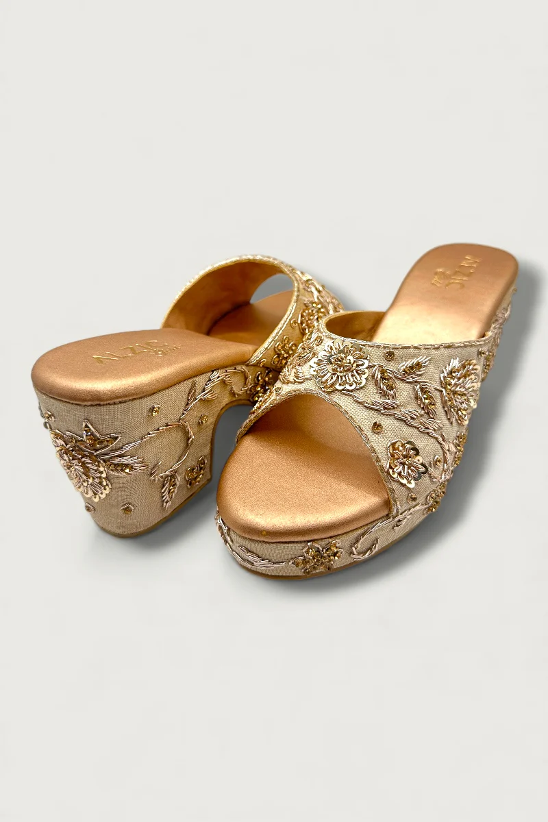 Ivory Gold Embroidered Wedge Heels – Bridal & Festive Designer Footwear - Image 4