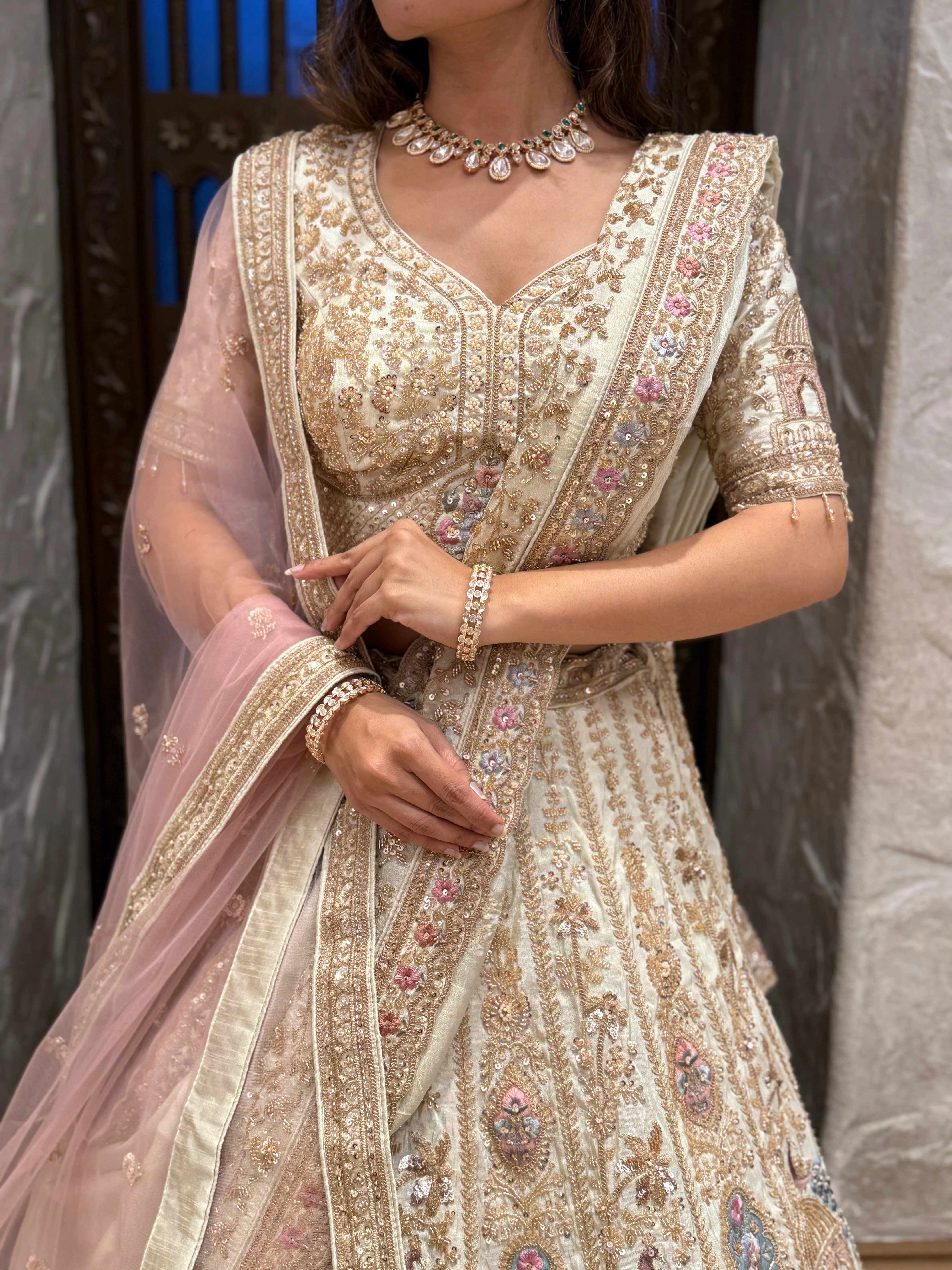 Ivory Gold Heavy Embroidered Bridal Lehenga Set – Royal Heritage Edition - Image 2