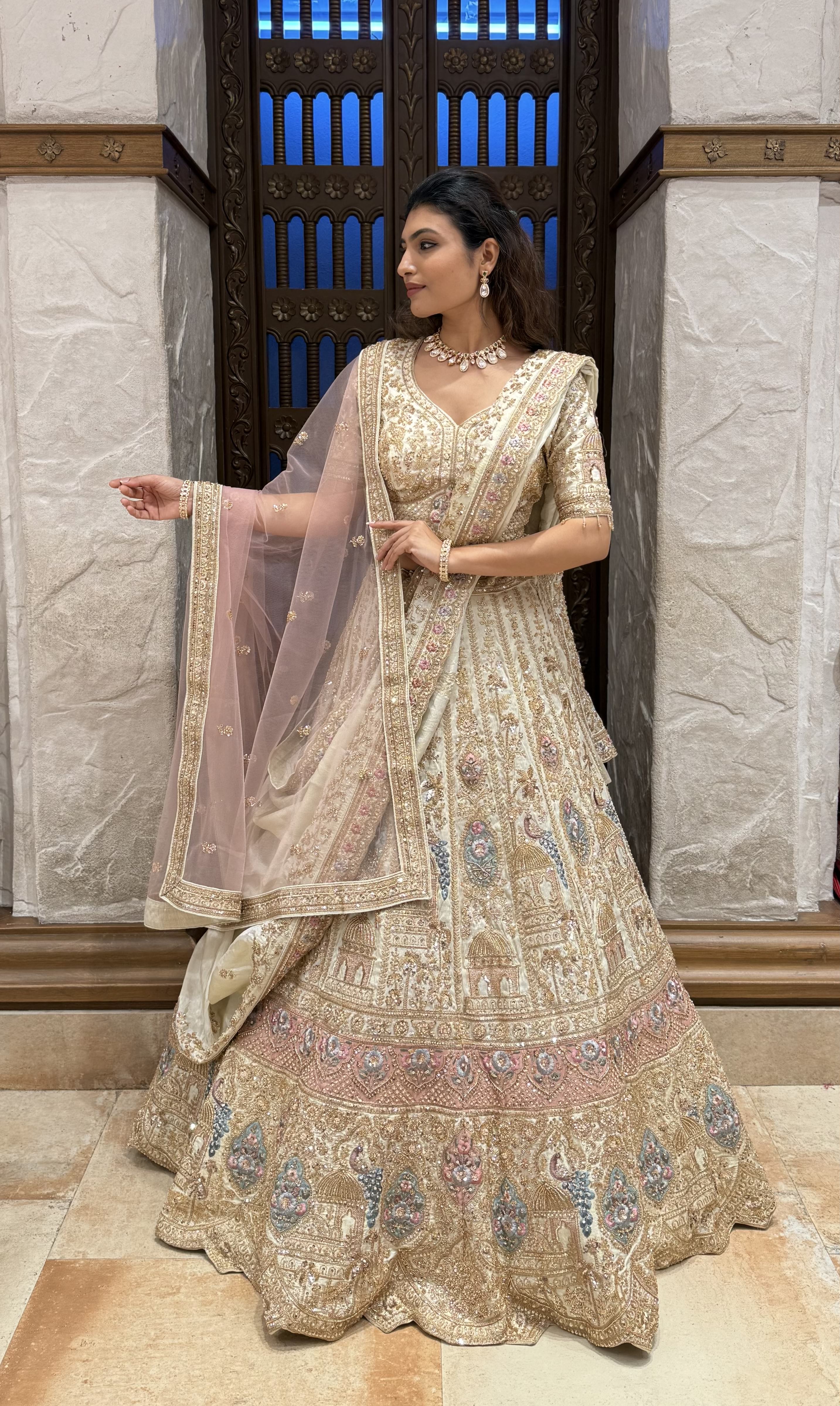 Ivory Gold Heavy Embroidered Bridal Lehenga Set – Royal Heritage Edition - Image 3