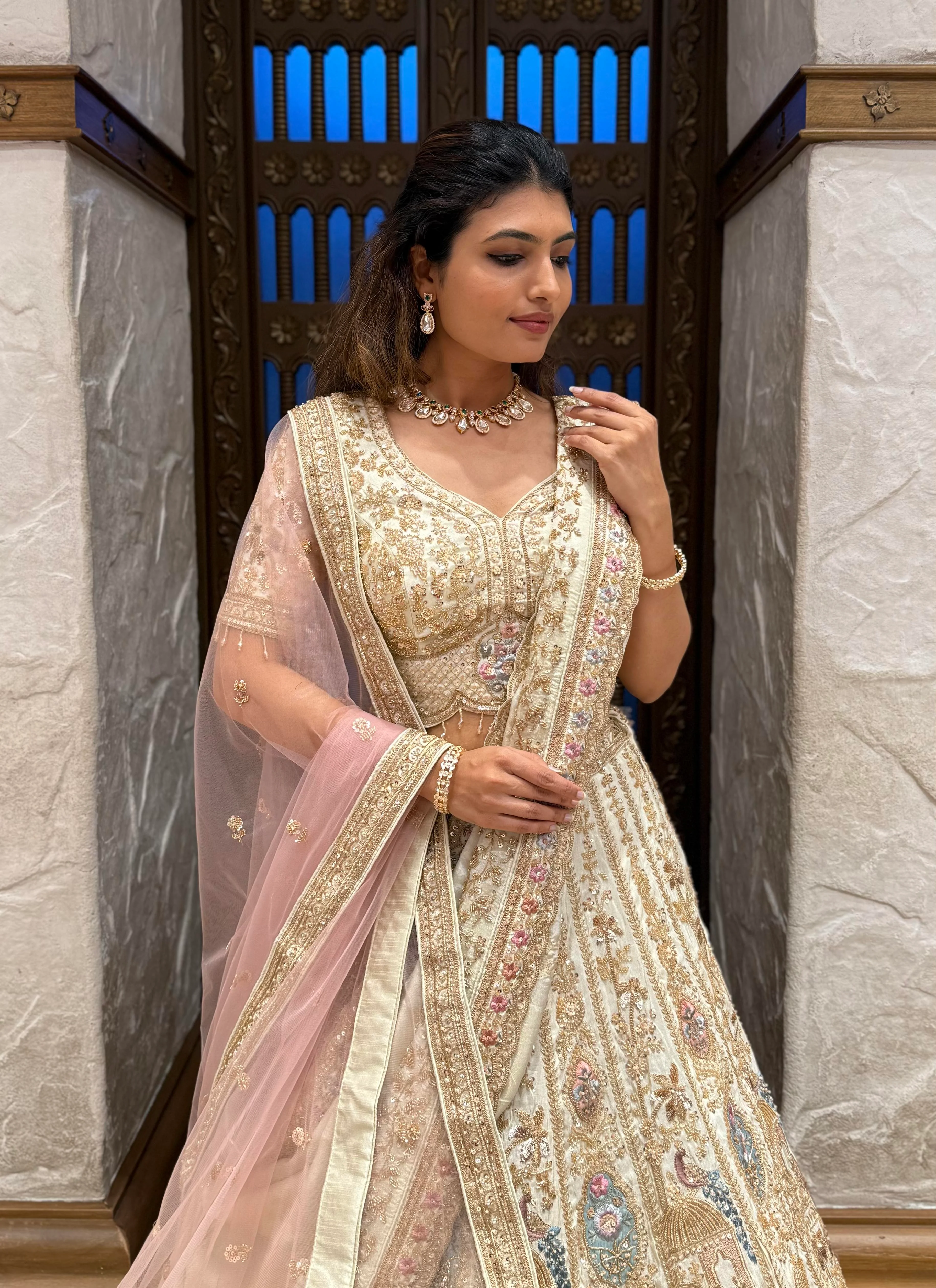 Ivory Gold Heavy Embroidered Bridal Lehenga Set – Royal Heritage Edition - Image 4