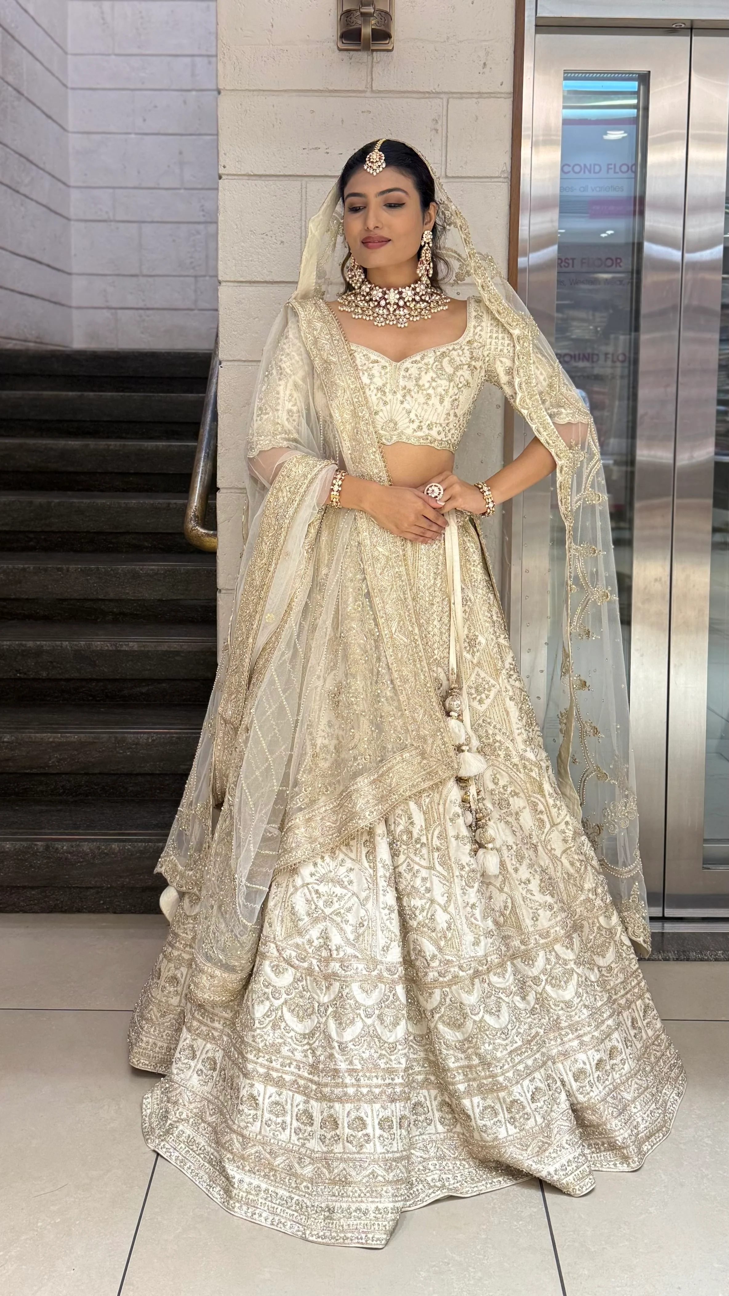 Ivory Gold Heavy Embroidered Bridal Lehenga with Net Dupatta – Royal Wedding Collection - Image 3