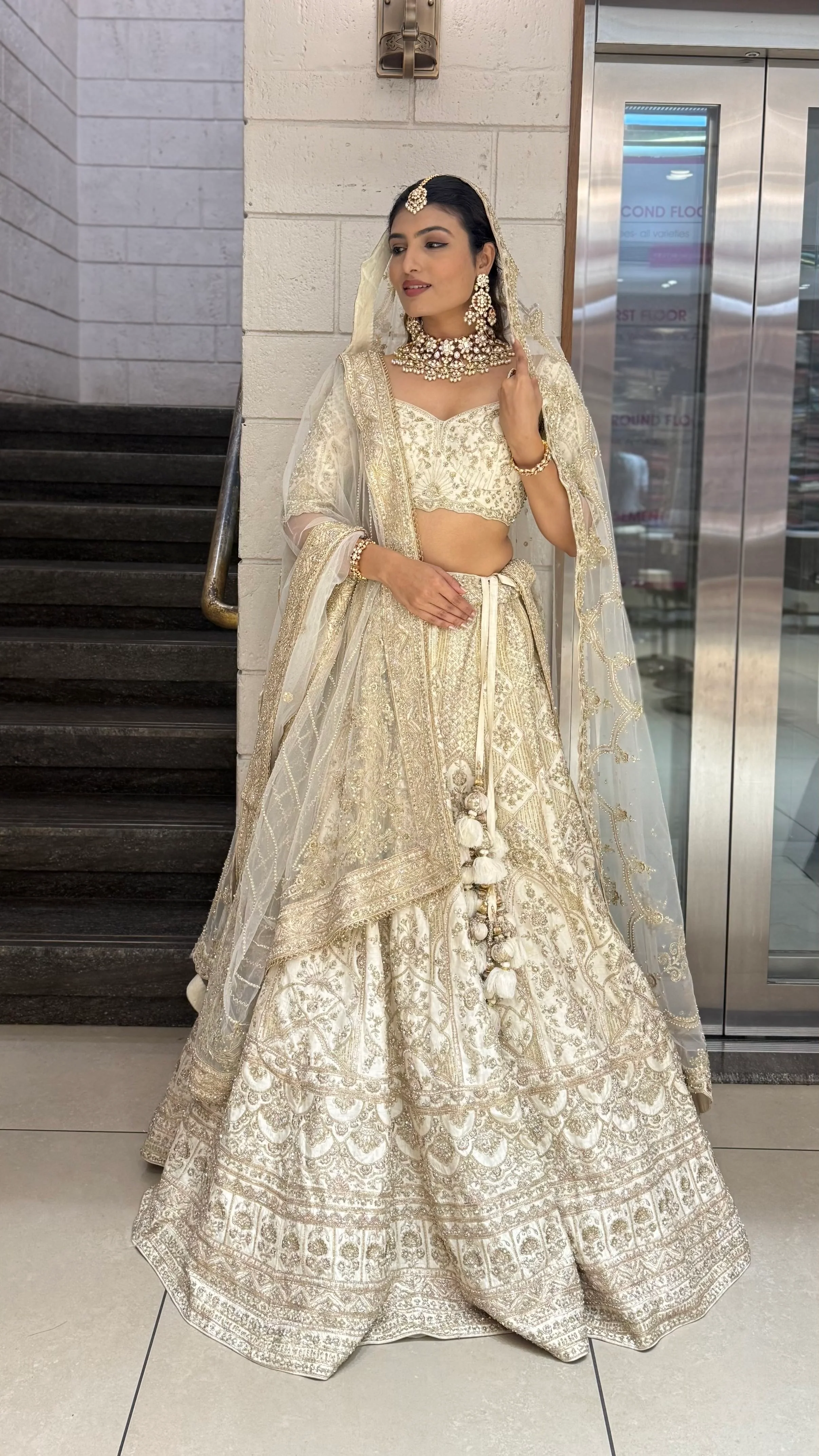 Ivory Gold Heavy Embroidered Bridal Lehenga with Net Dupatta – Royal Wedding Collection - Image 4