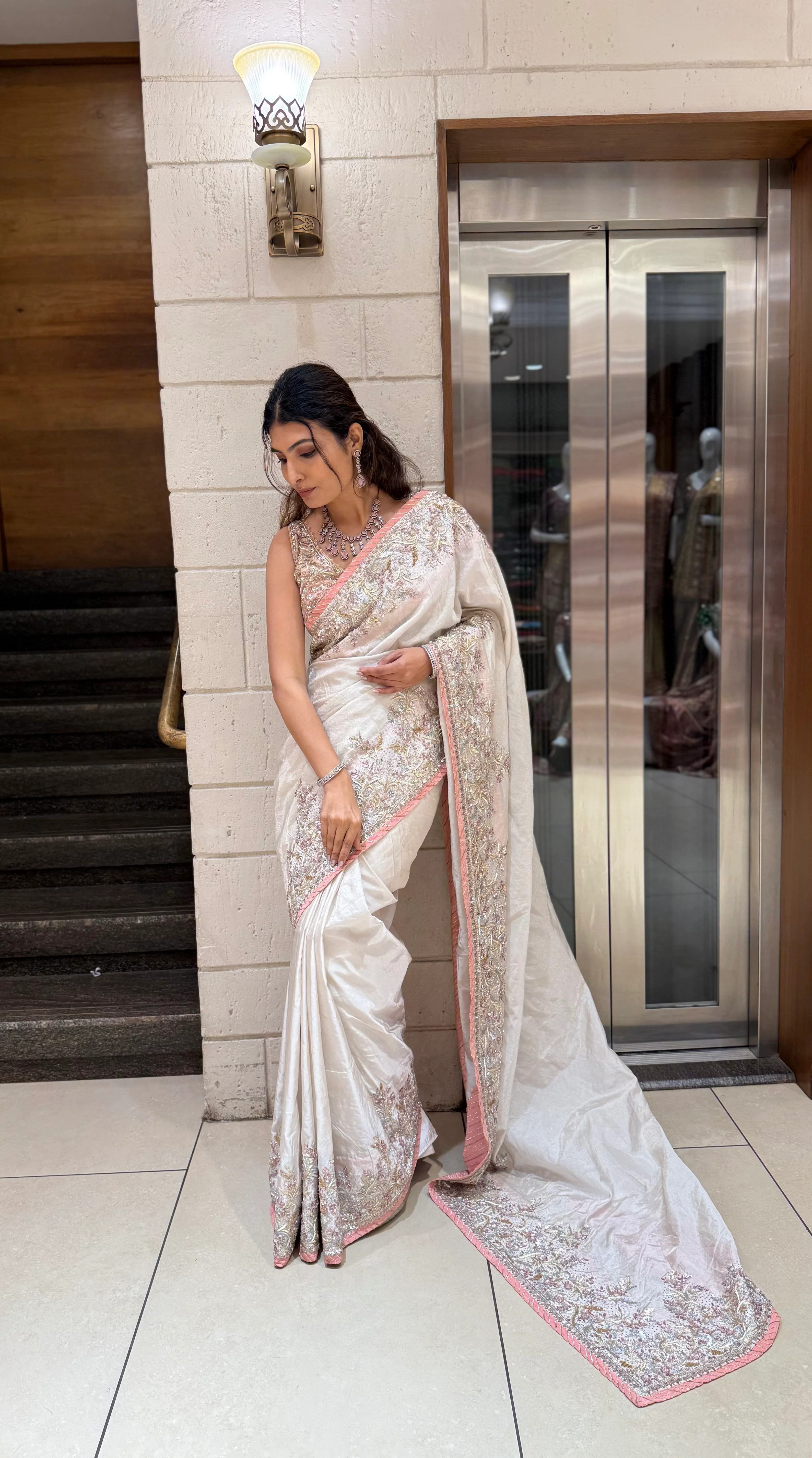 Ivory Hand-Embroidered Tissue Silk Saree with Pastel Thread & Sequin Work - Image 3