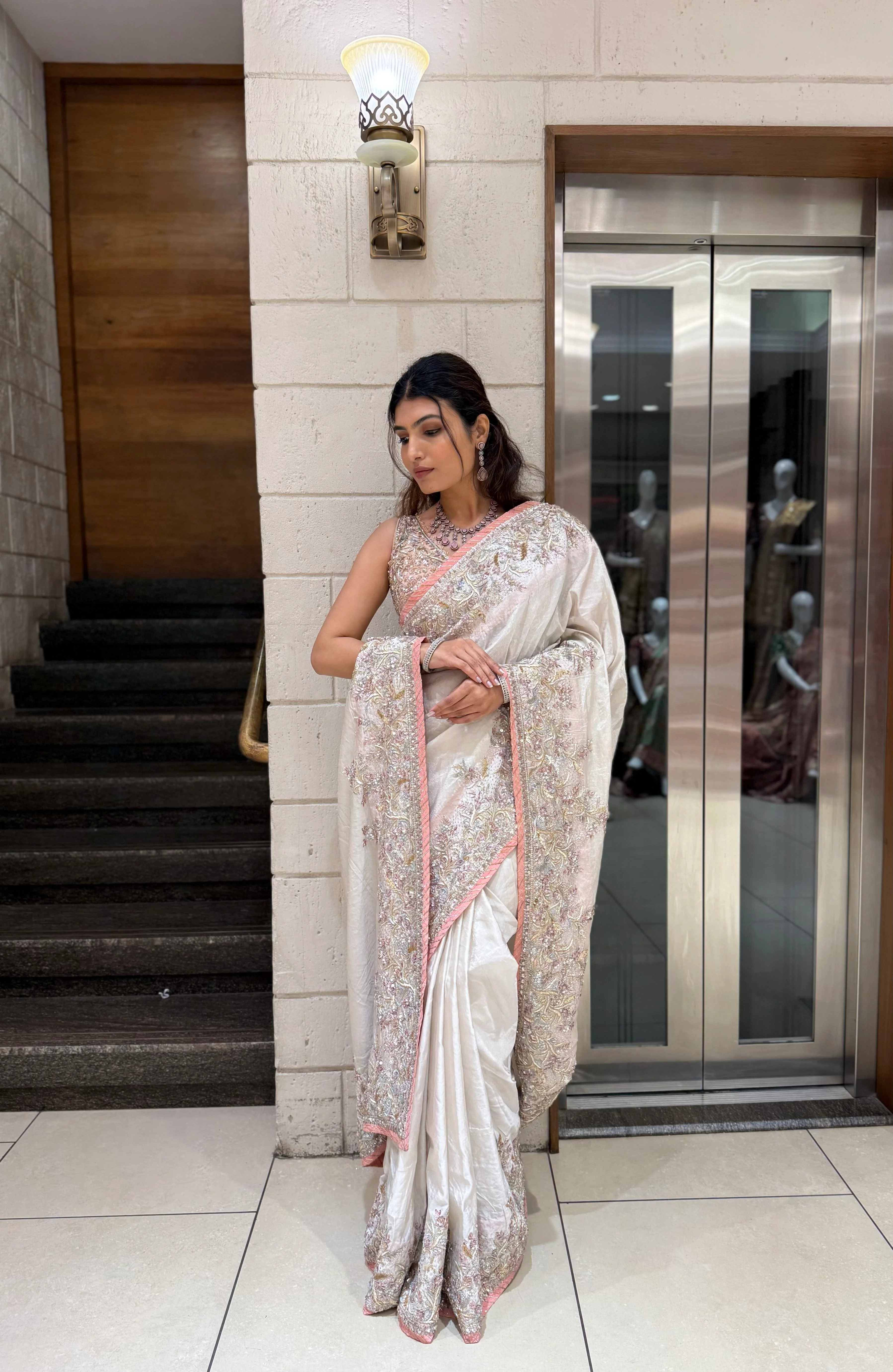 Ivory Hand-Embroidered Tissue Silk Saree with Pastel Thread & Sequin Work - Image 4
