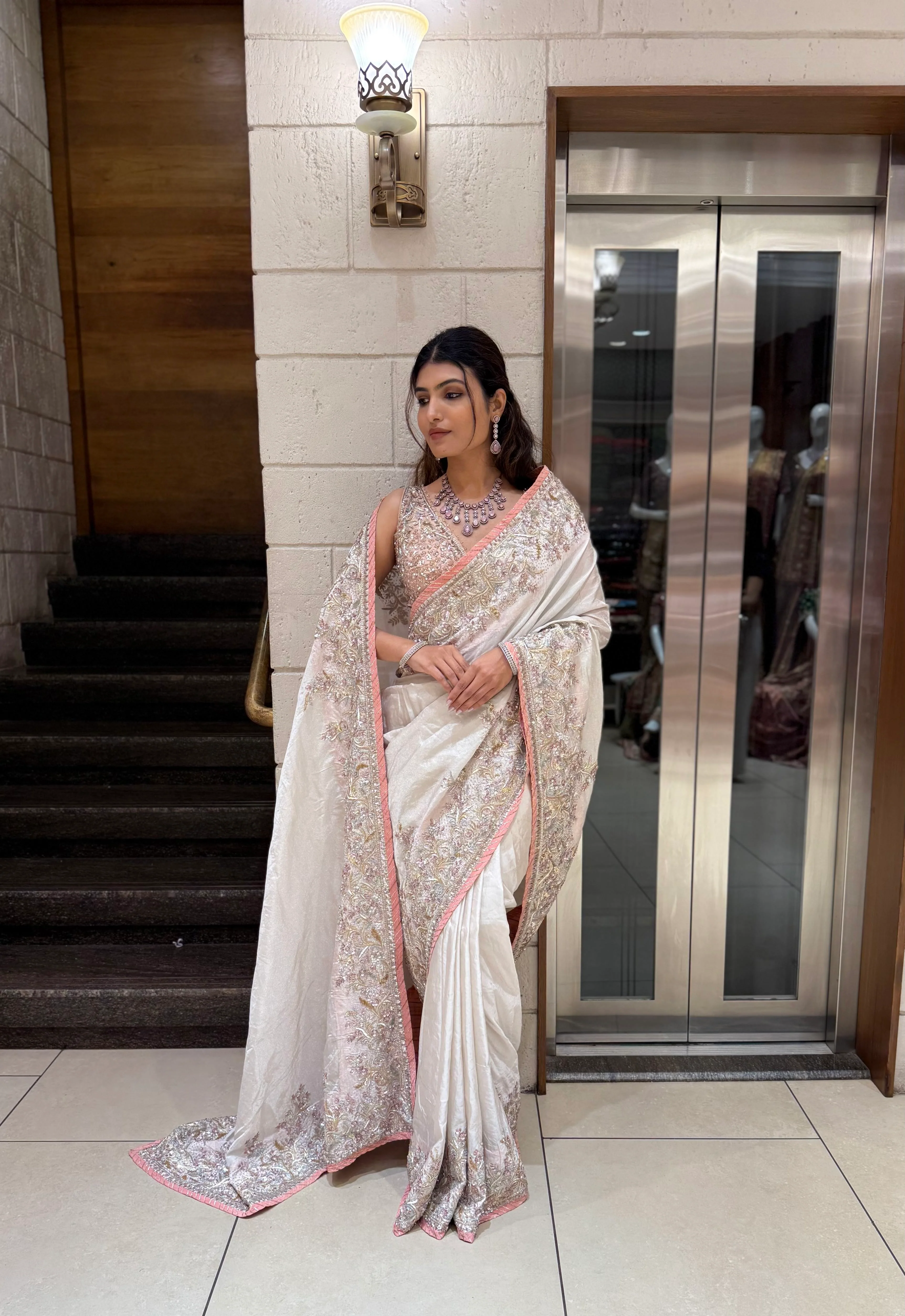 Ivory Hand-Embroidered Tissue Silk Saree with Pastel Thread & Sequin Work - Image 5