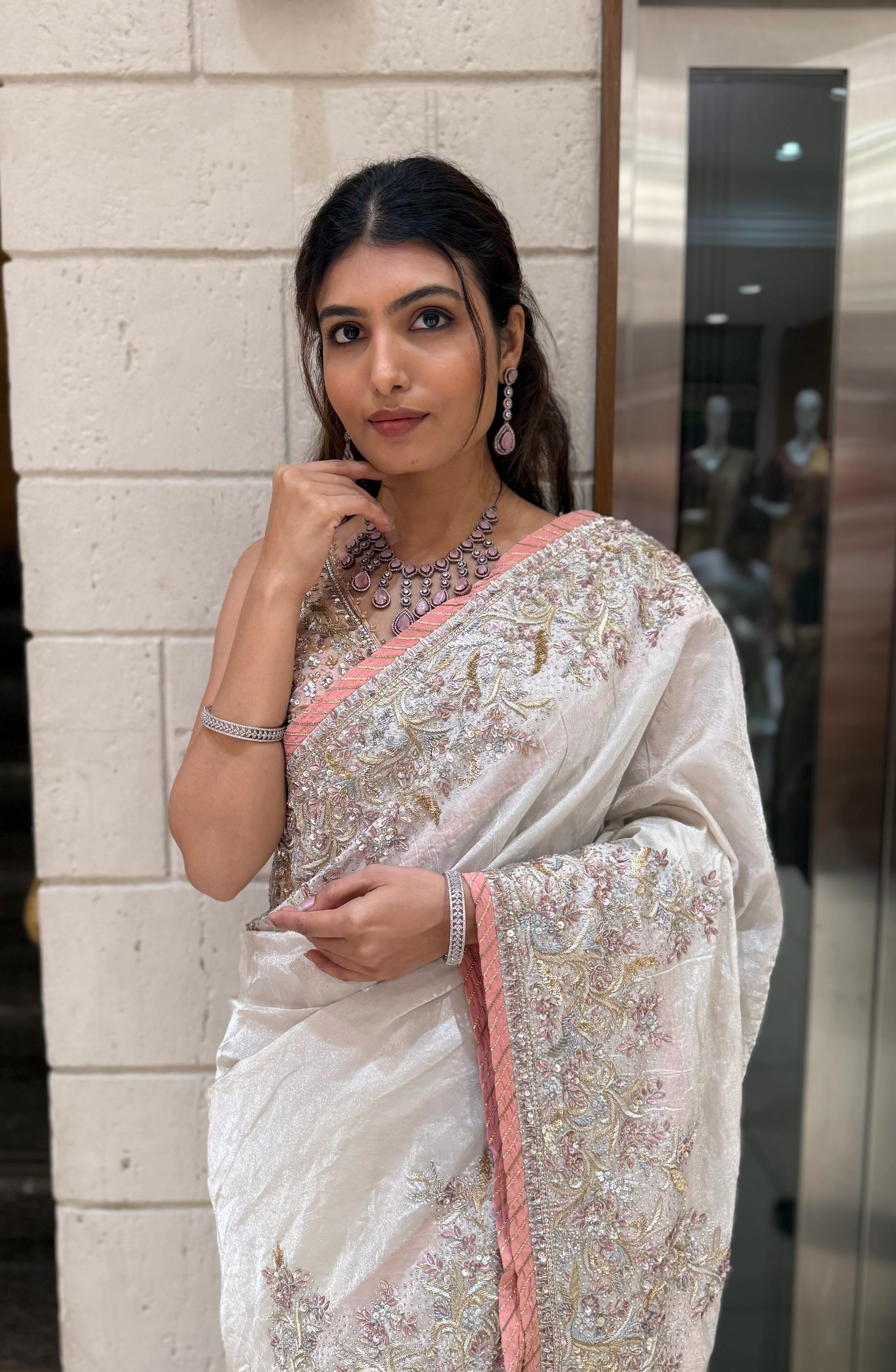 Ivory Hand-Embroidered Tissue Silk Saree with Pastel Thread & Sequin Work - Image 6