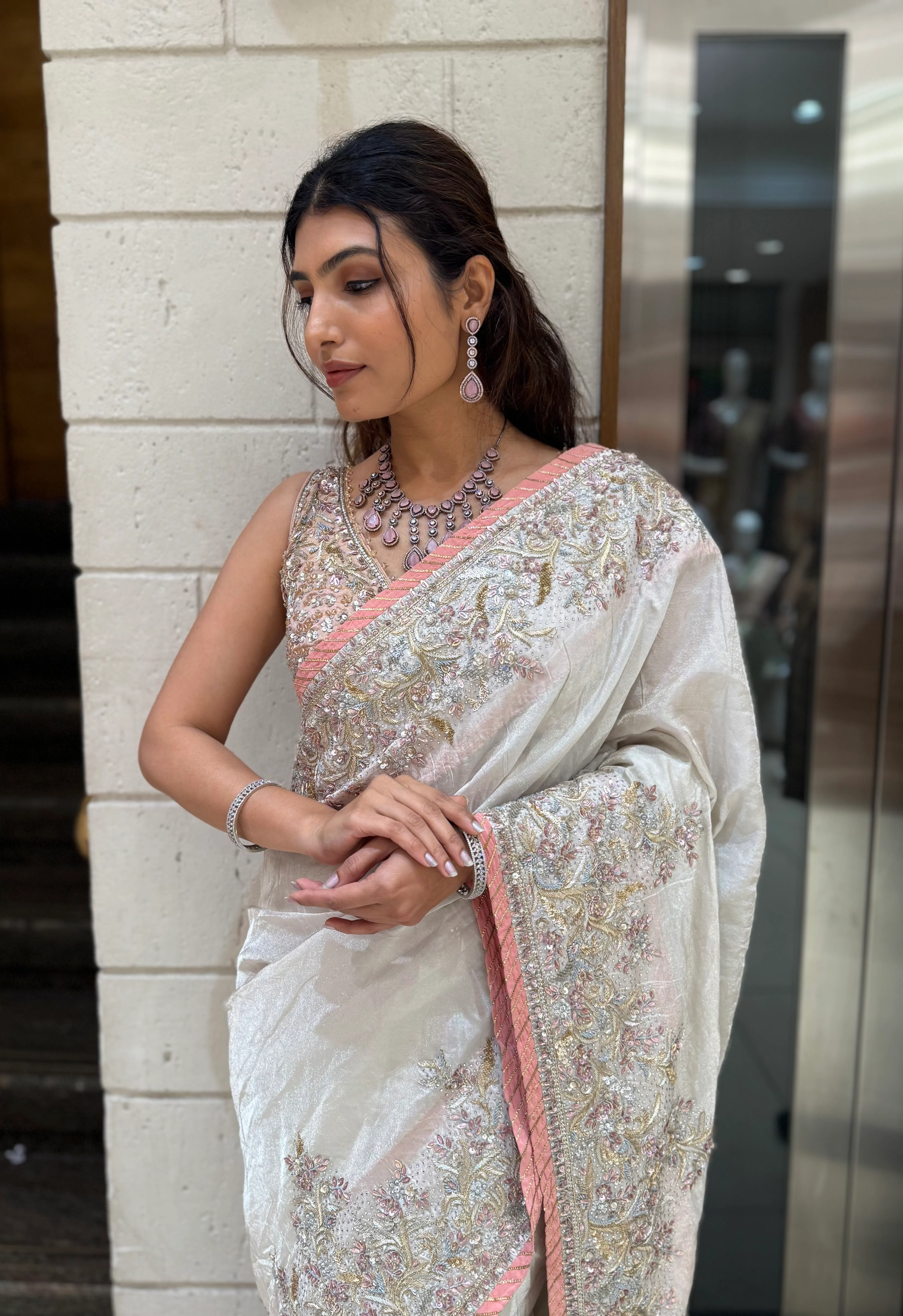 Ivory Hand-Embroidered Tissue Silk Saree with Pastel Thread & Sequin Work - Image 7
