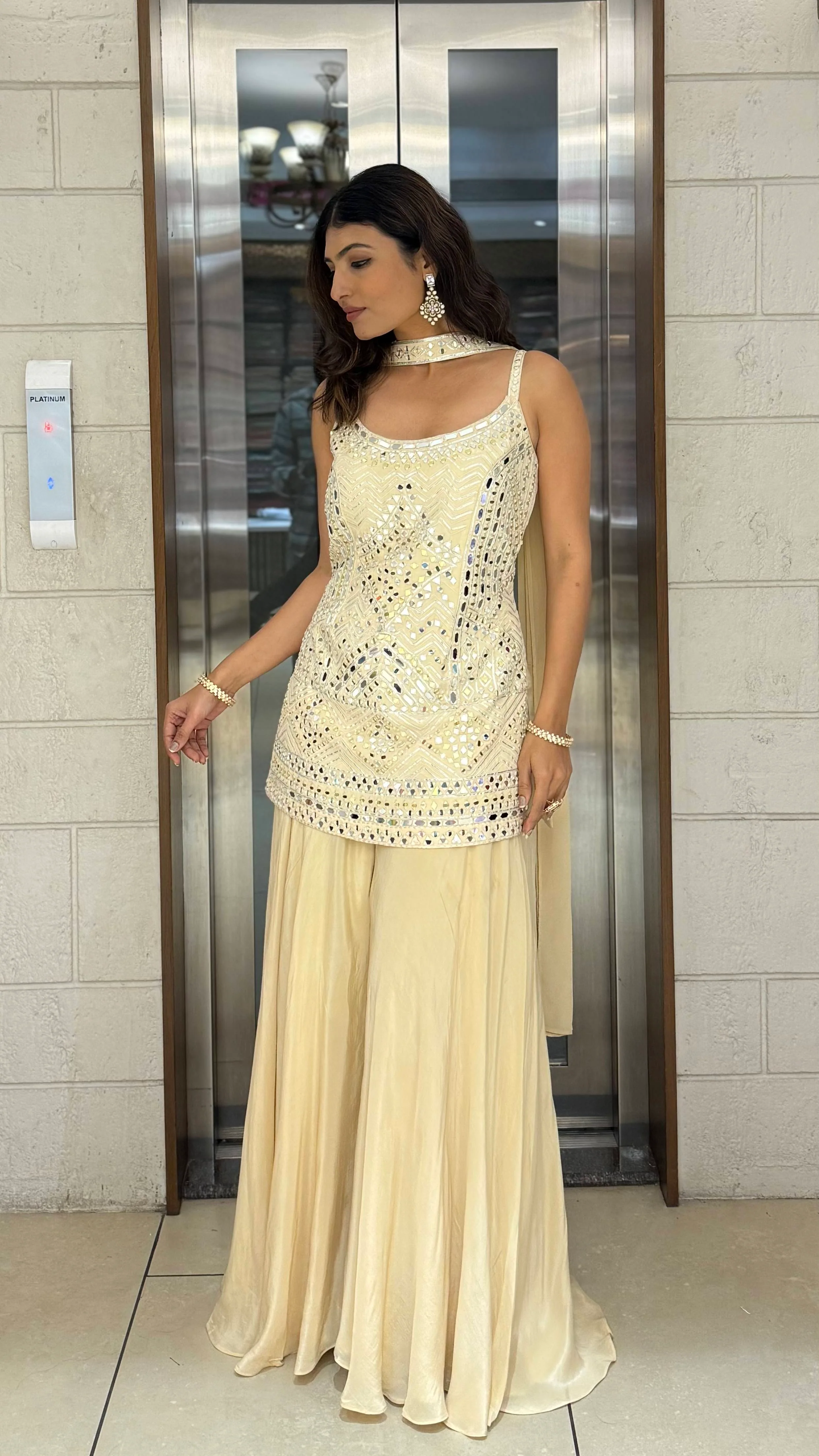 Ivory Mirror Work Kurti with Flowy Palazzo Pants Elegant Indo-Western Festive Set - Image 3
