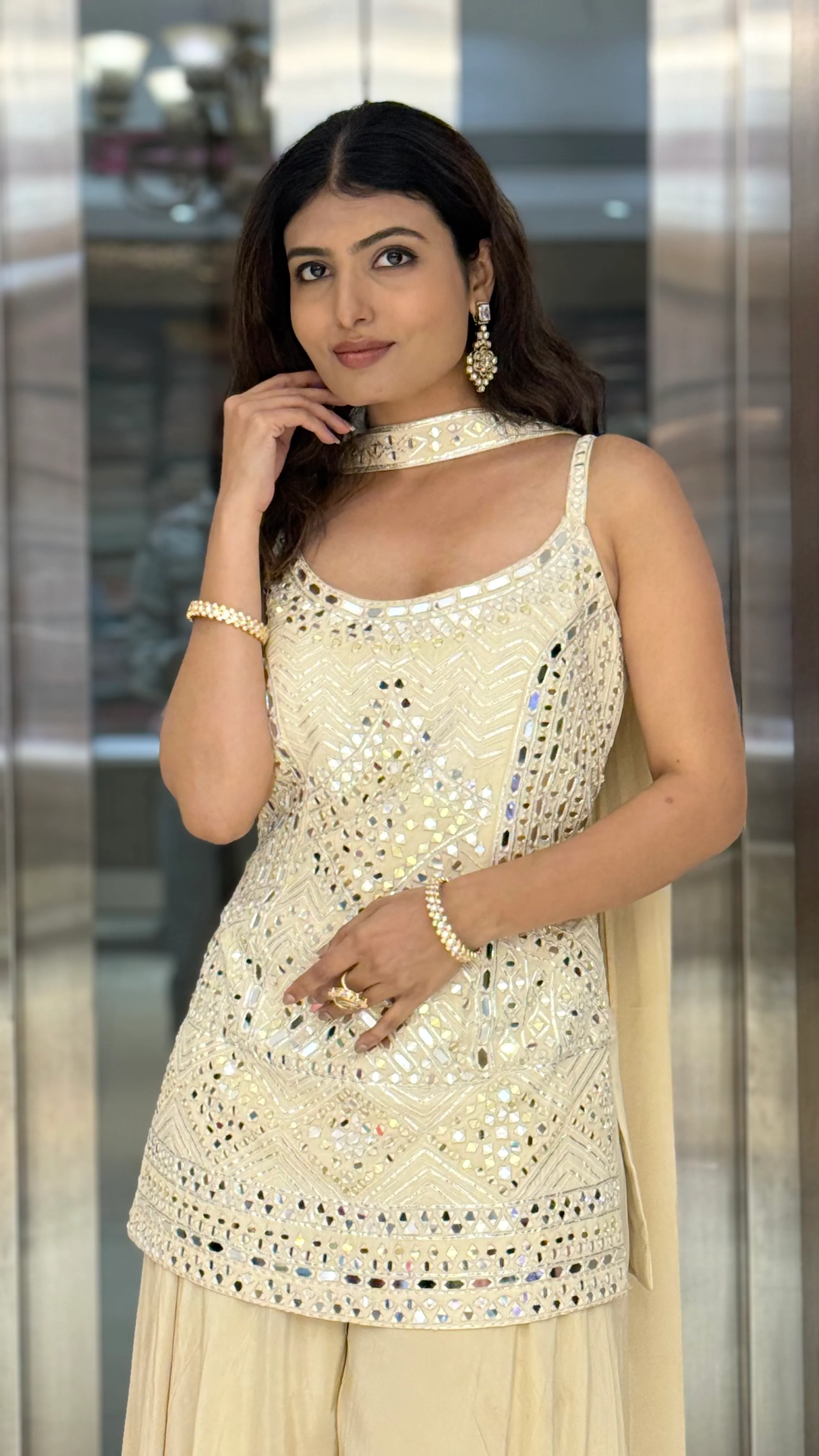 Ivory Mirror Work Kurti with Flowy Palazzo Pants Elegant Indo-Western Festive Set - Image 4