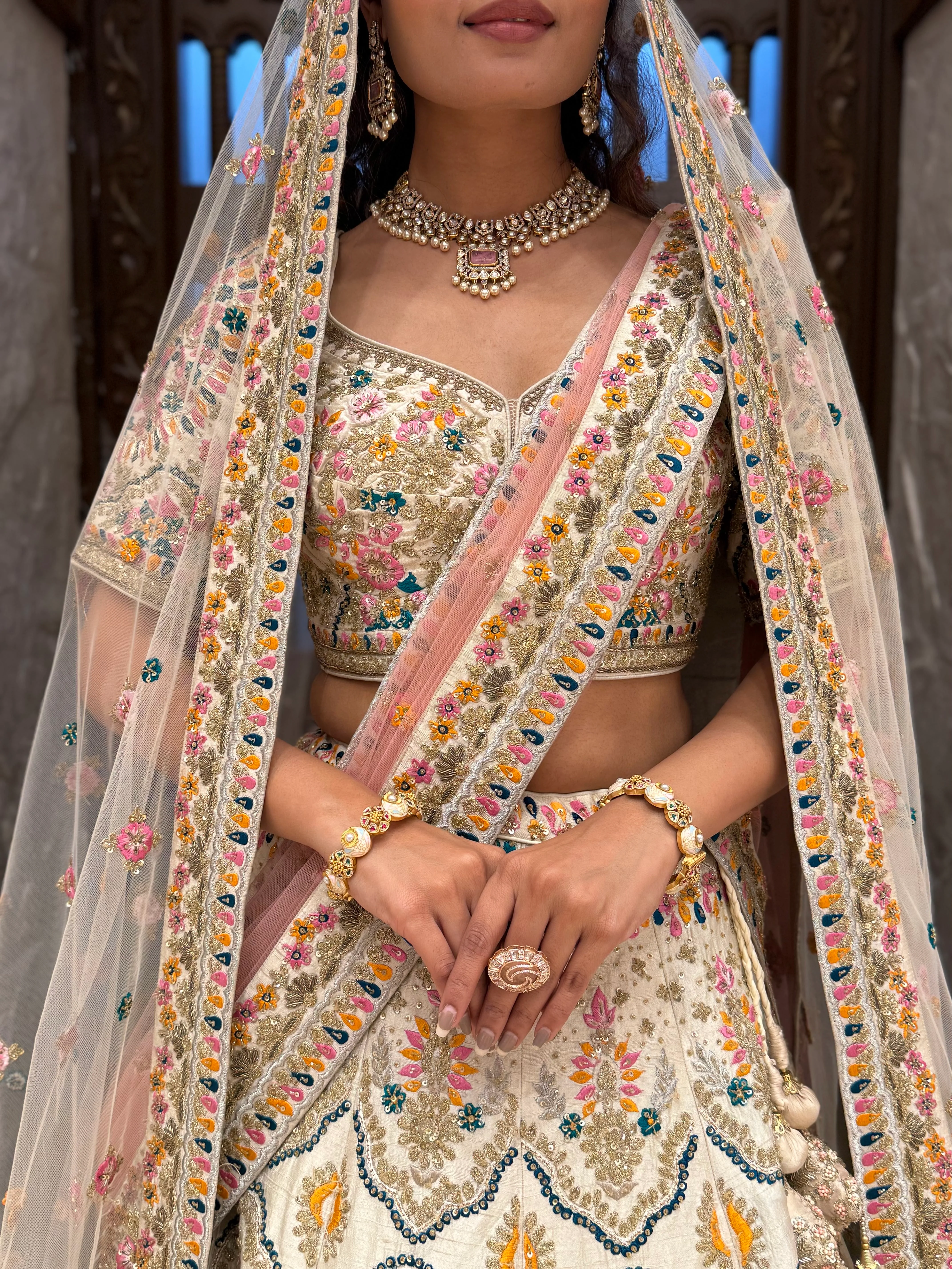 Ivory Multi-Color Heavy Embroidered Bridal Lehenga with Dupatta - Image 2