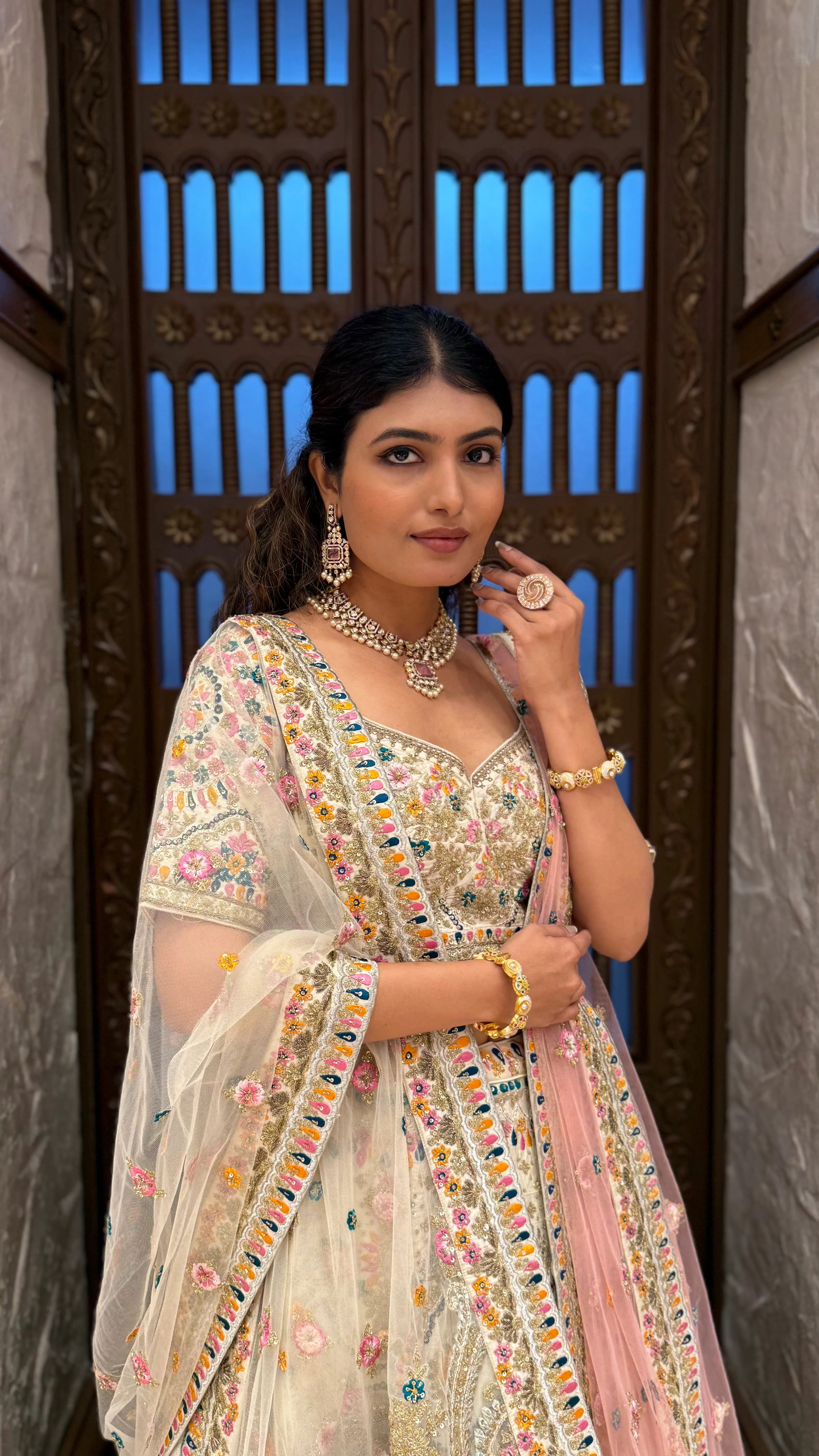 Ivory Multi-Color Heavy Embroidered Bridal Lehenga with Dupatta - Image 3