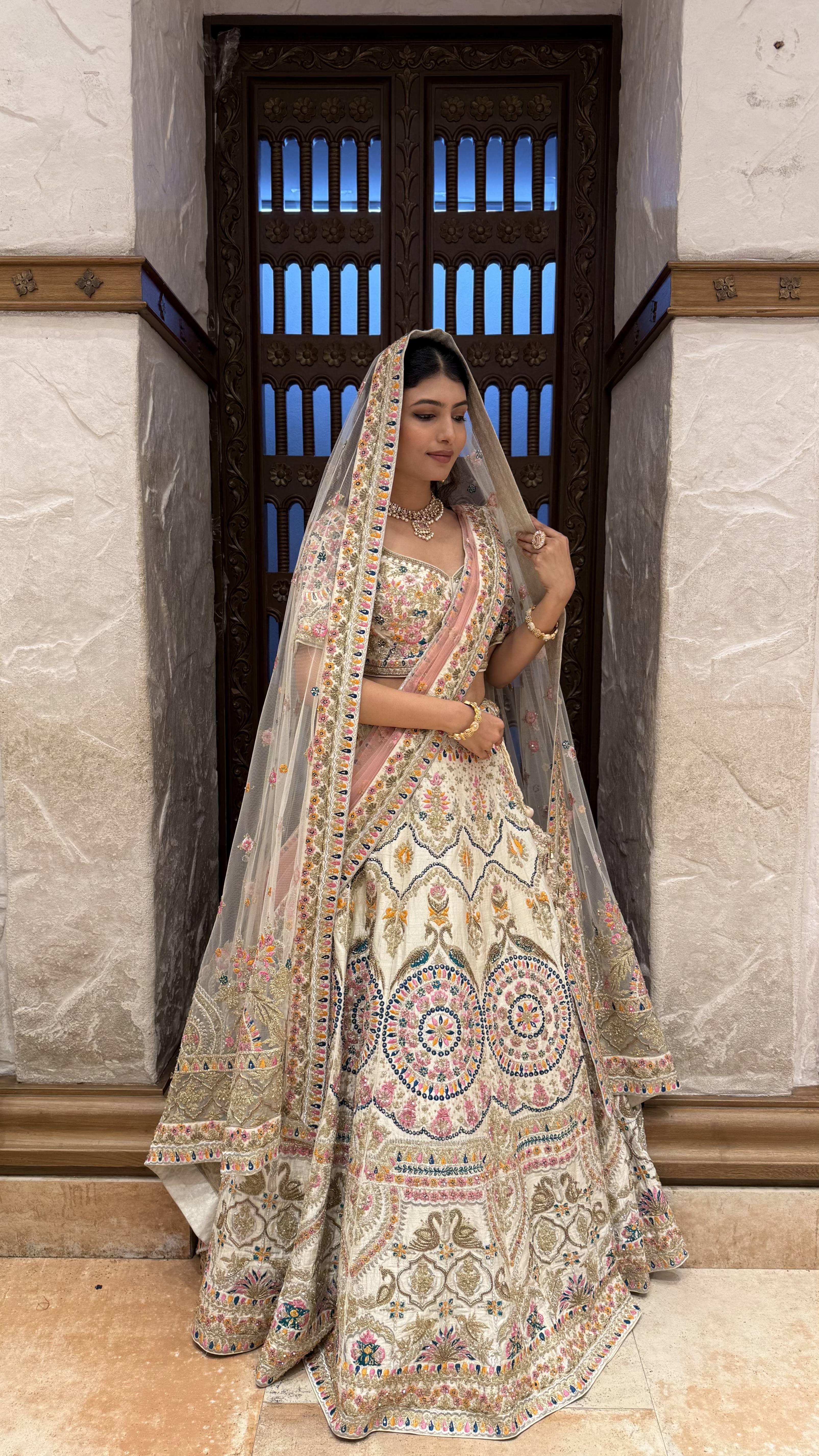 Ivory Multi-Color Heavy Embroidered Bridal Lehenga with Dupatta - Image 4