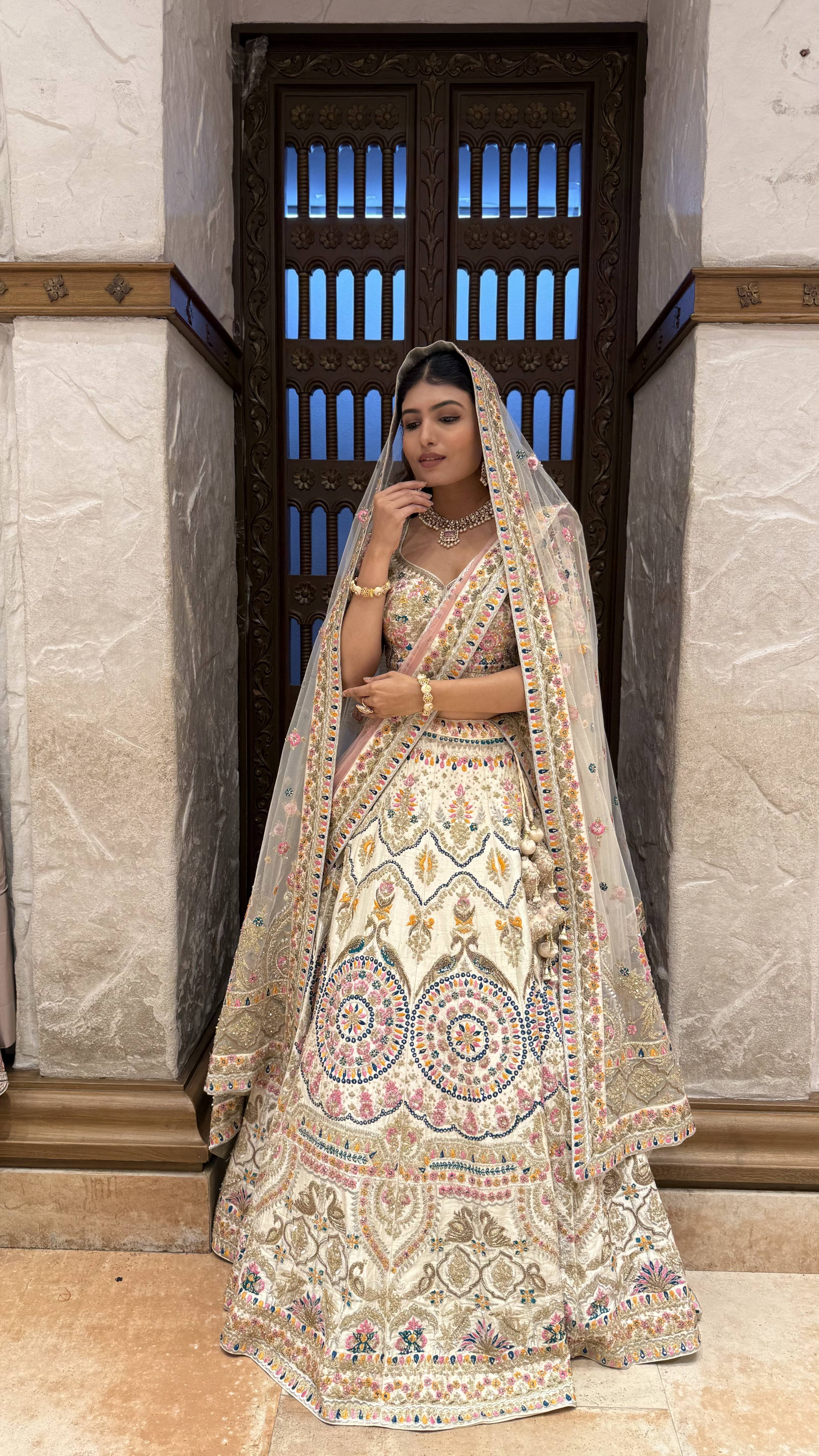 Ivory Multi-Color Heavy Embroidered Bridal Lehenga with Dupatta - Image 5