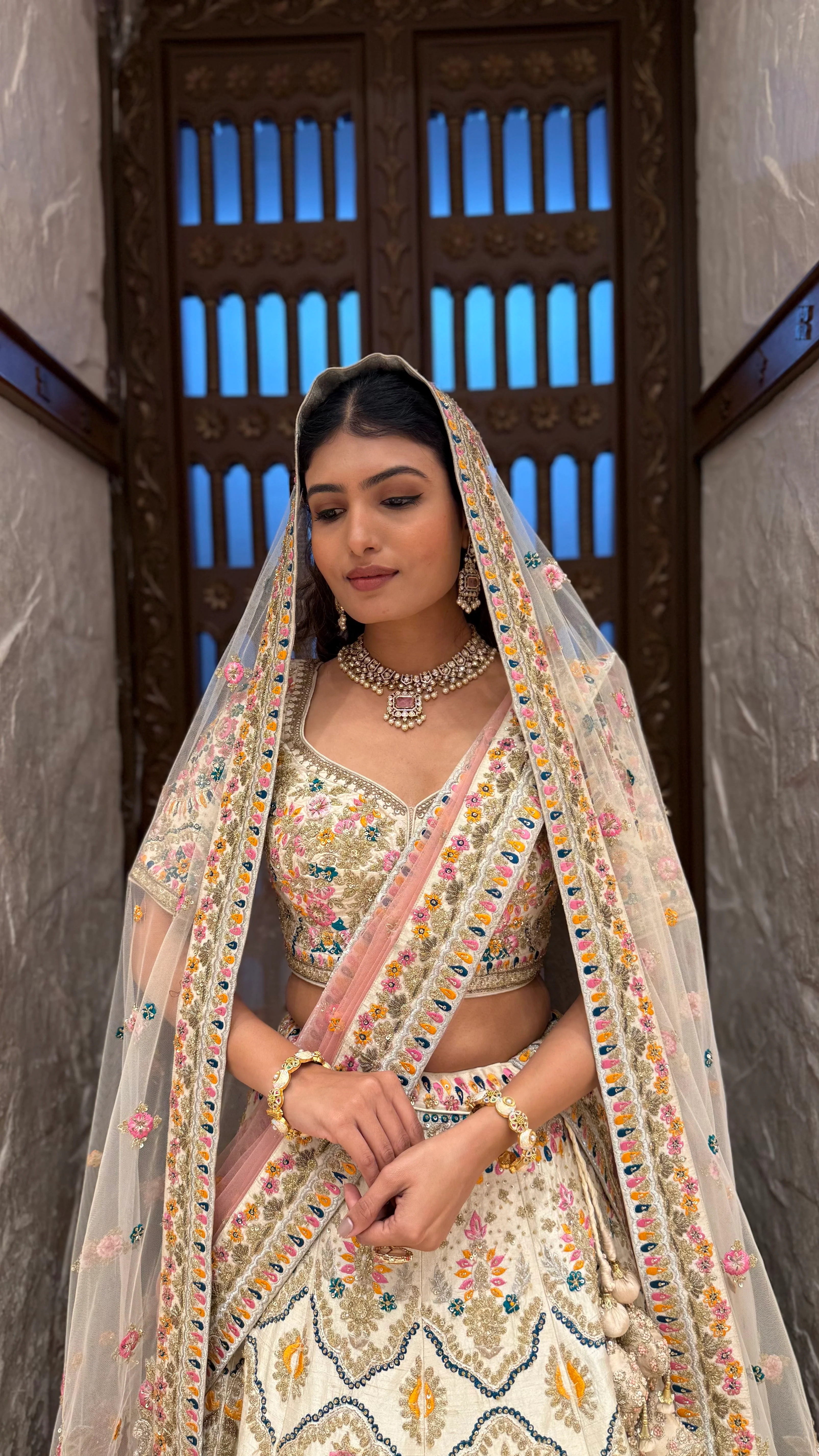 Ivory Multi-Color Heavy Embroidered Bridal Lehenga with Dupatta - Image 6
