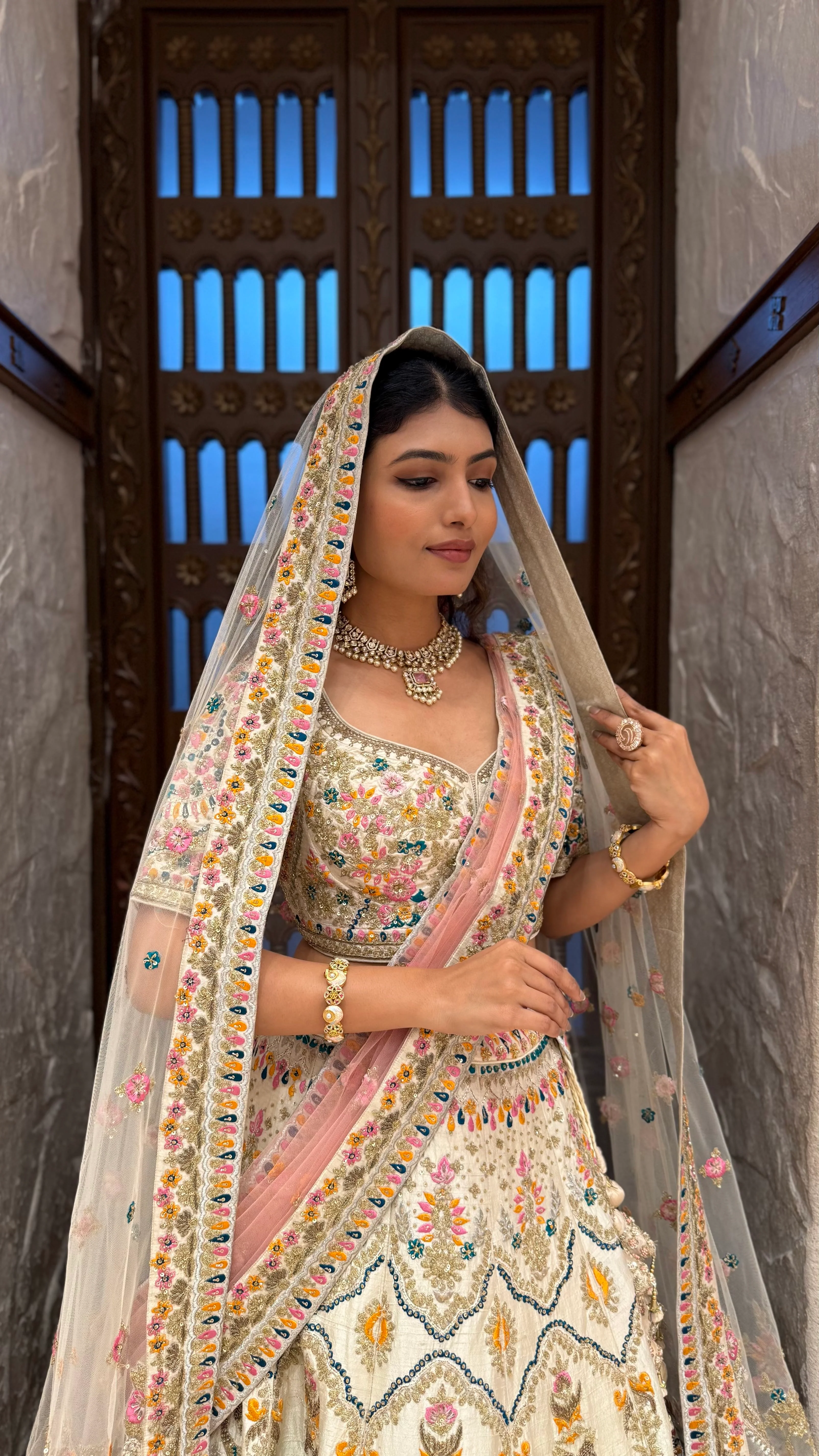Ivory Multi-Color Heavy Embroidered Bridal Lehenga with Dupatta - Image 7