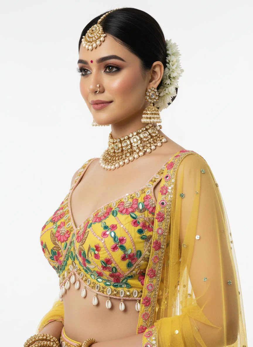 Ivory Multicolor Floral Embroidered Lehenga with Yellow Net Dupatta - Image 3