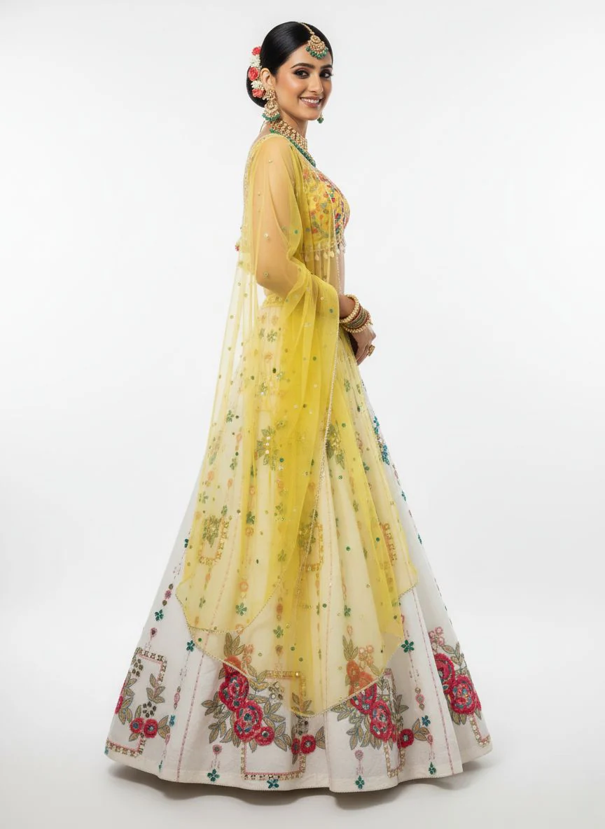 Ivory Multicolor Floral Embroidered Lehenga with Yellow Net Dupatta - Image 4