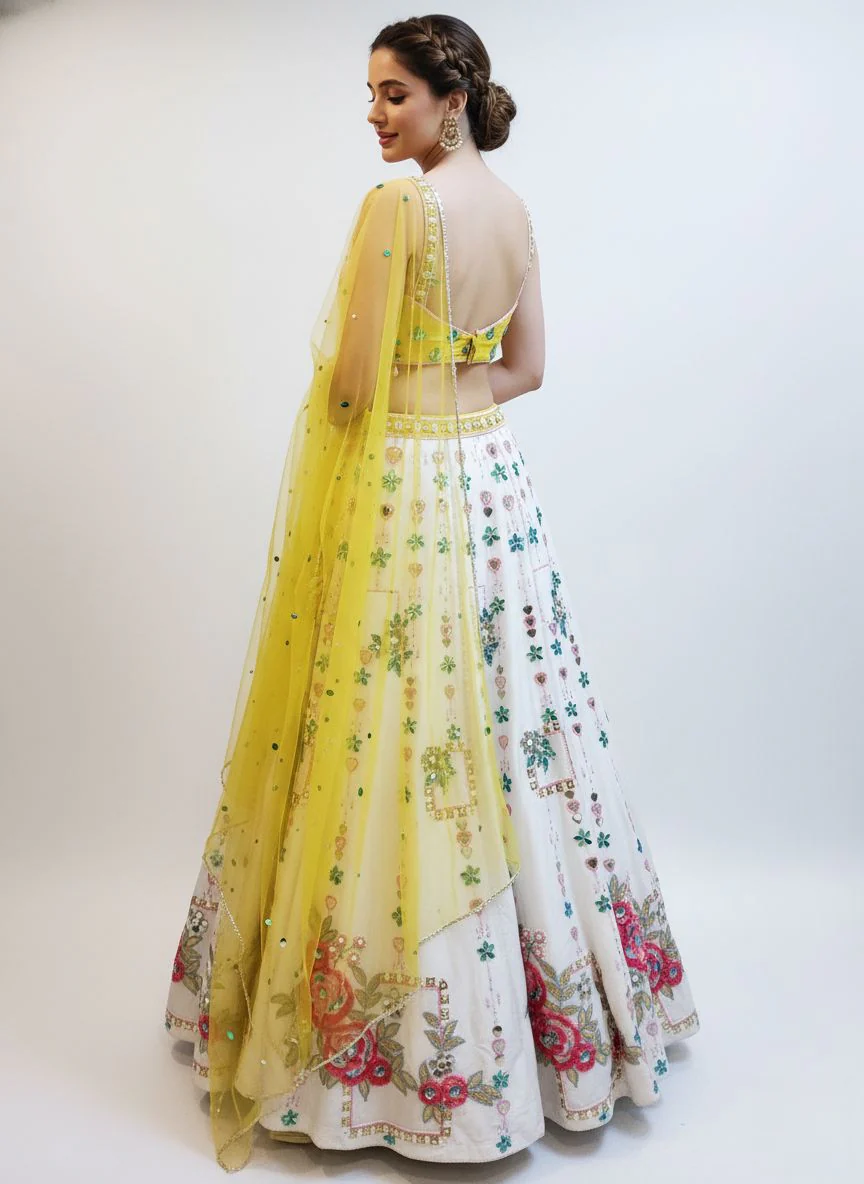 Ivory Multicolor Floral Embroidered Lehenga with Yellow Net Dupatta - Image 5