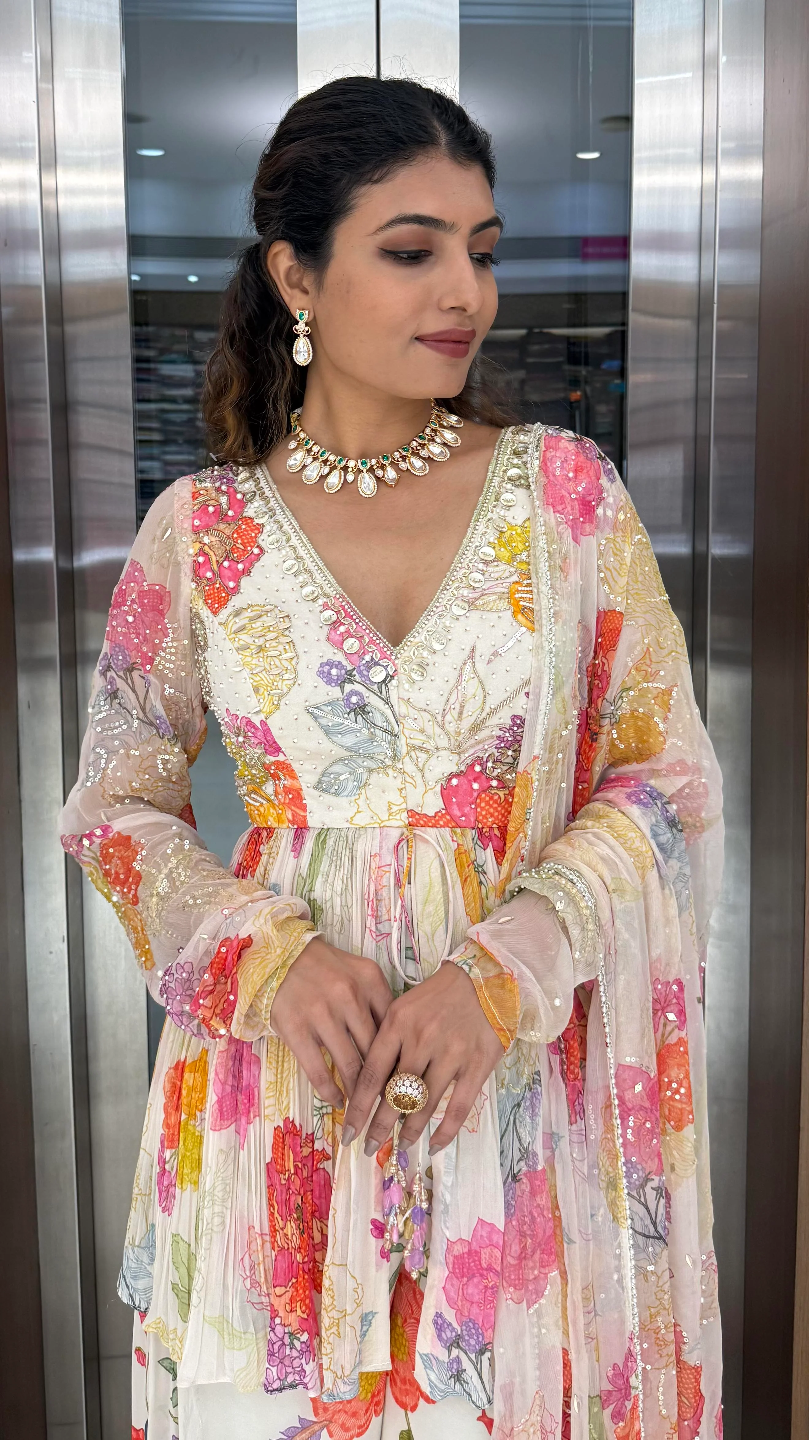 Ivory Multicolor Floral Embroidered Peplum Set with Palazzo & Dupatta - Image 4