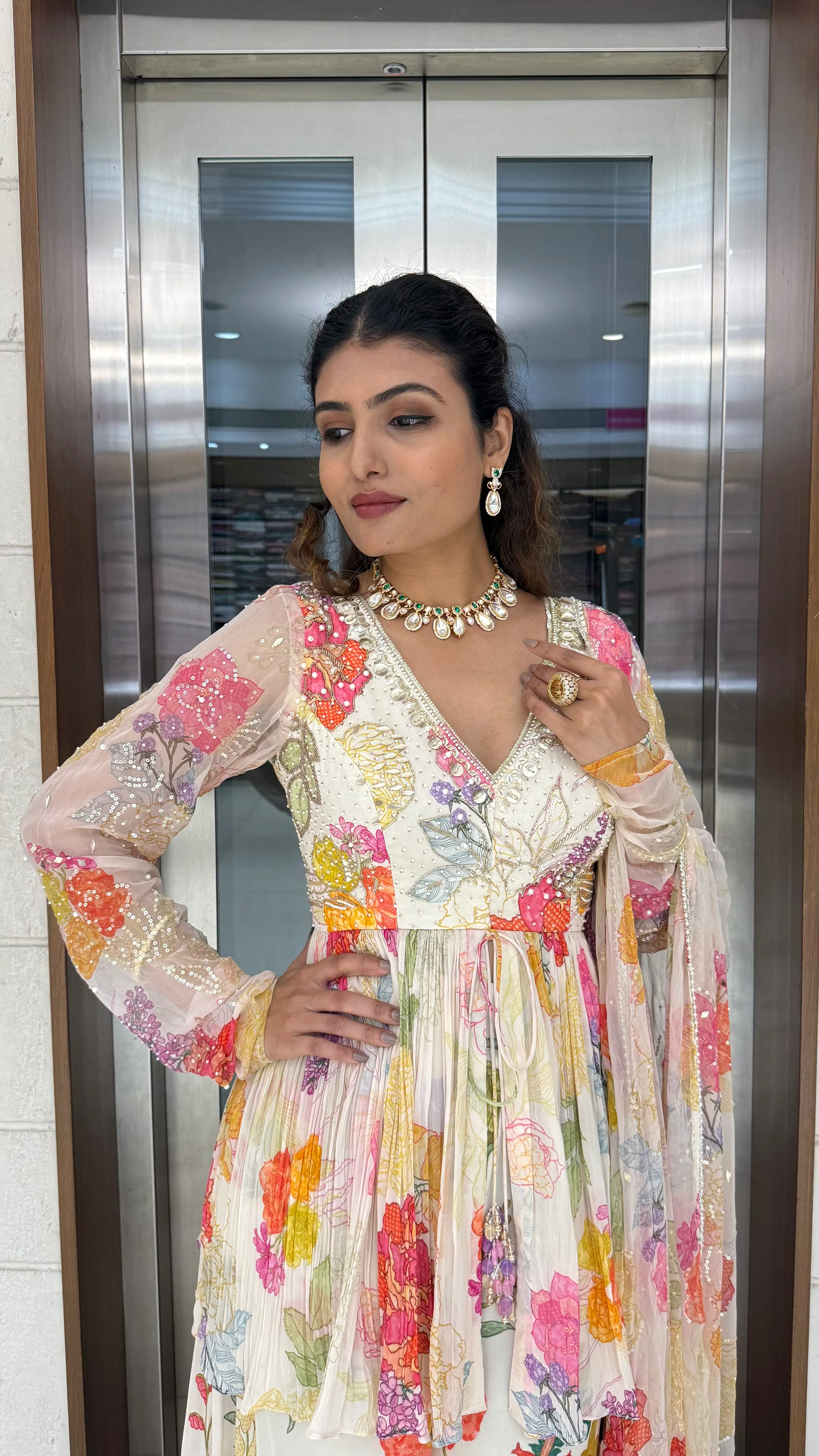 Ivory Multicolor Floral Embroidered Peplum Set with Palazzo & Dupatta - Image 5