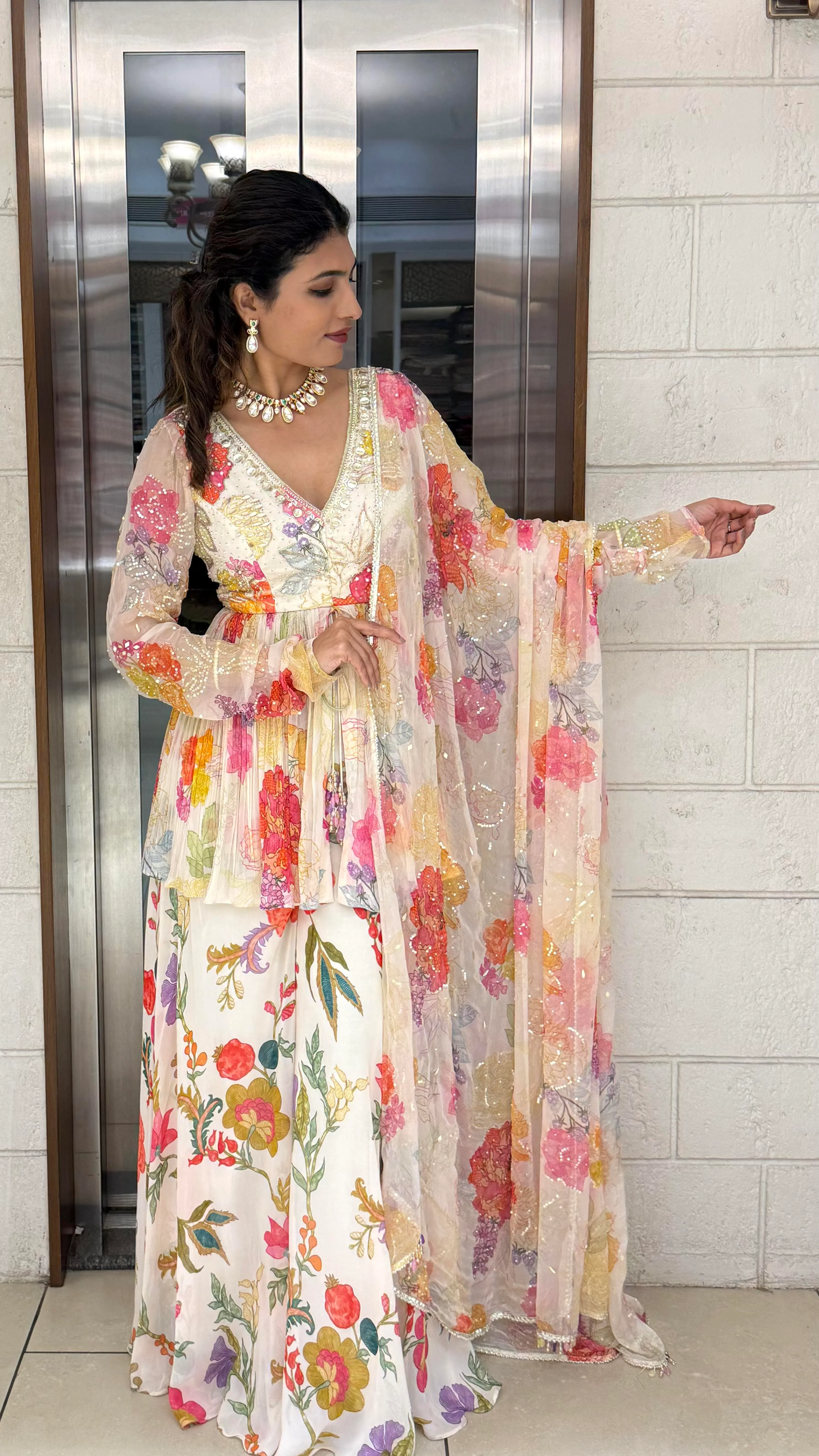 Ivory Multicolor Floral Embroidered Peplum Set with Palazzo & Dupatta - Image 6