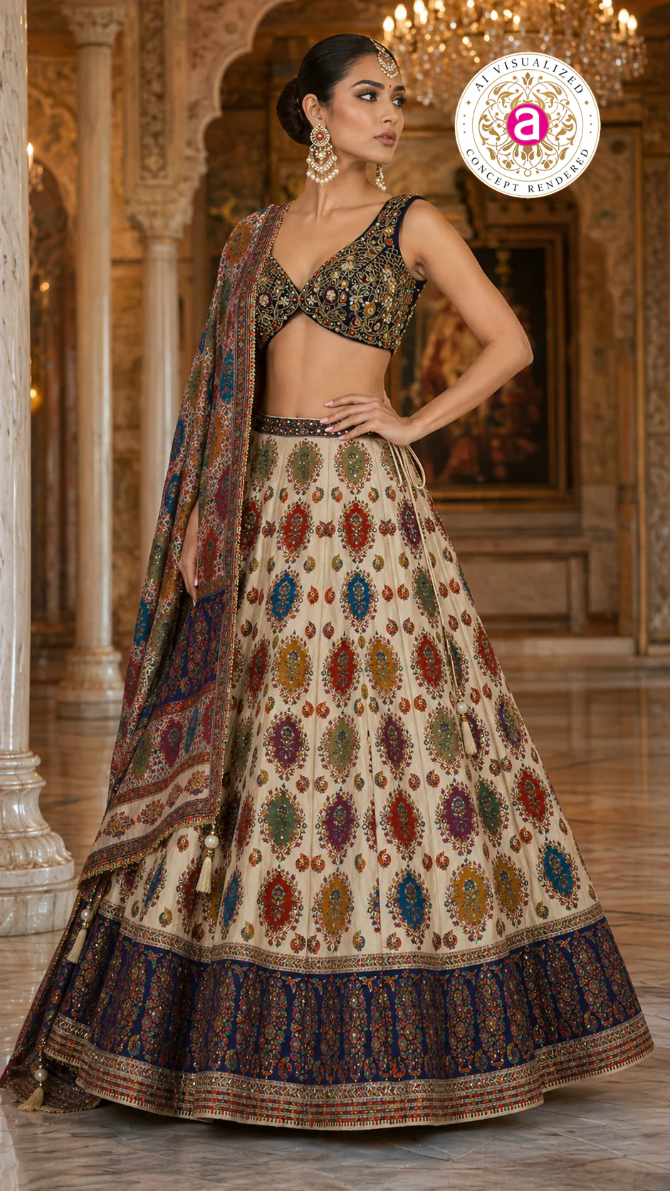 Ivory Multicolor Printed Designer Lehenga Set with Embroidered Blouse & Dupatta - Image 3