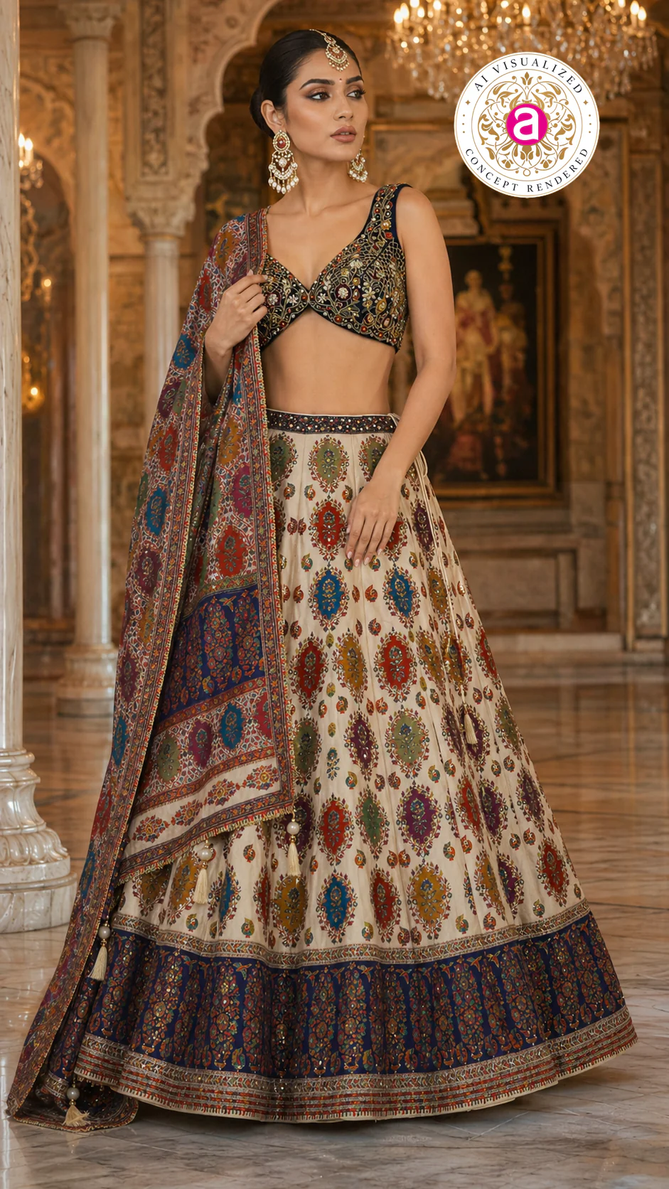Ivory Multicolor Printed Designer Lehenga Set with Embroidered Blouse & Dupatta - Image 4