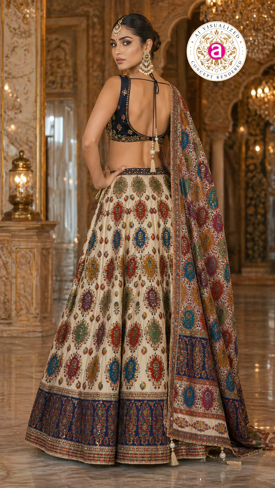 Ivory Multicolor Printed Designer Lehenga Set with Embroidered Blouse & Dupatta - Image 5