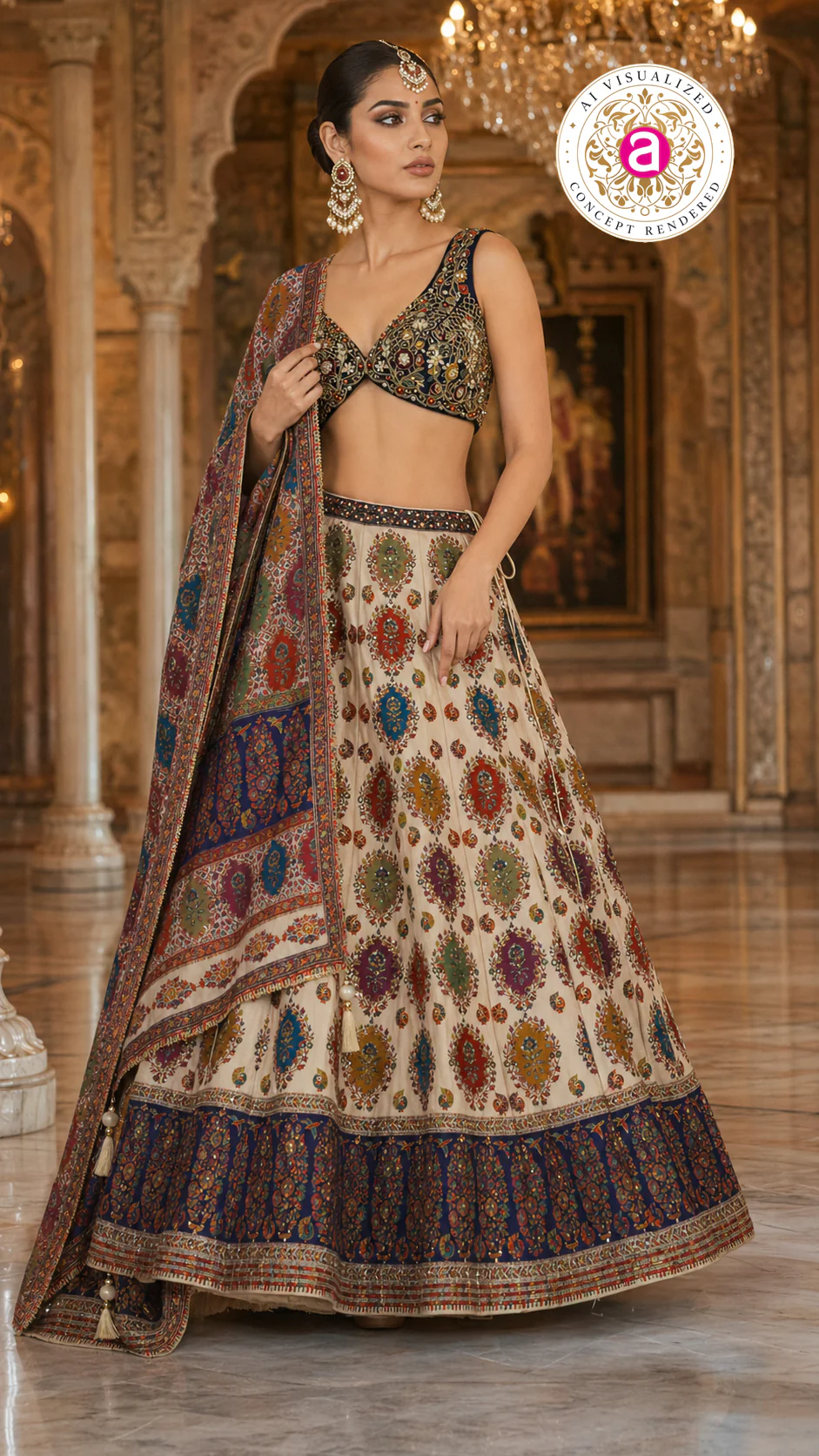Ivory Multicolor Printed Designer Lehenga Set with Embroidered Blouse & Dupatta - Image 6