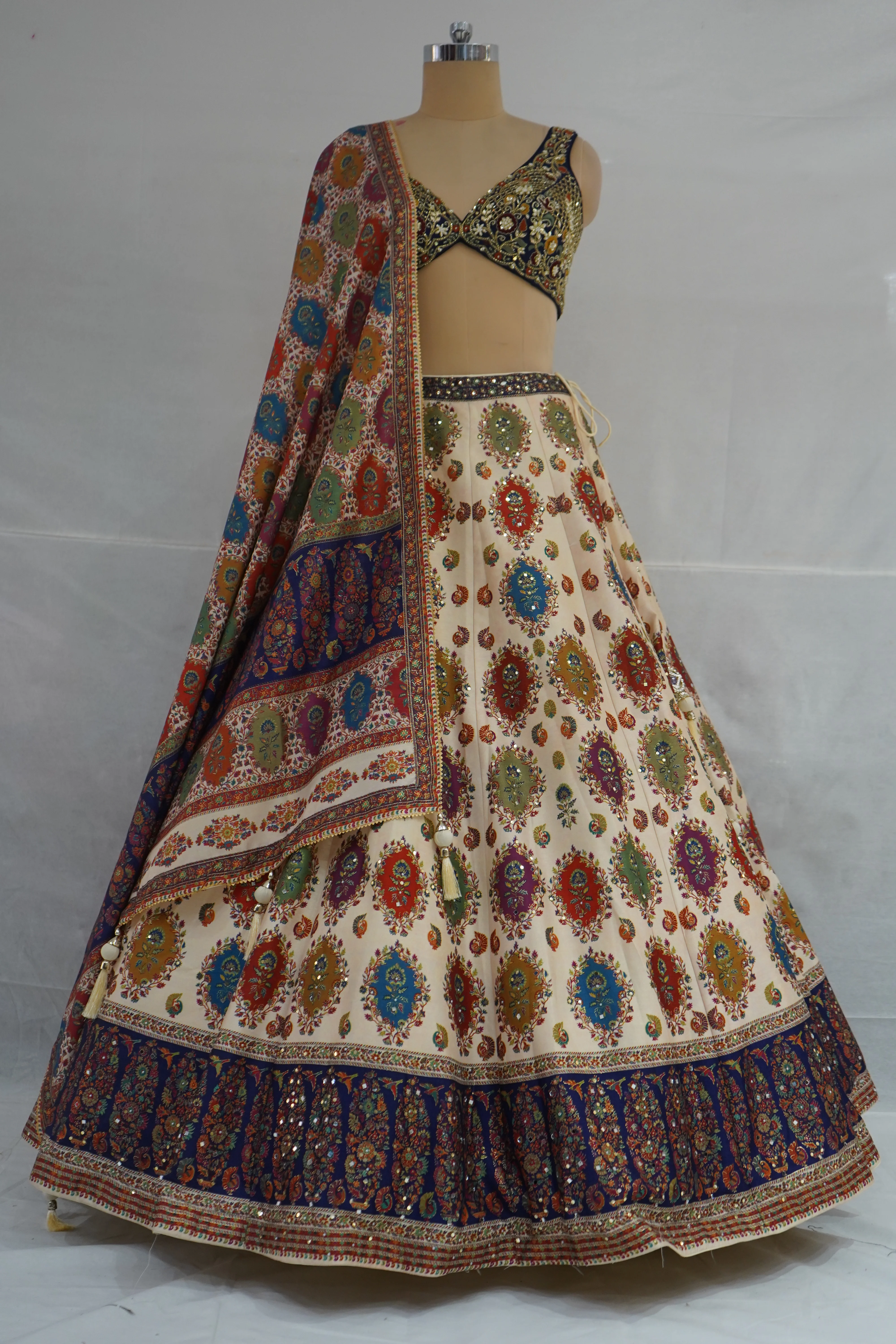 Ivory Multicolor Printed Designer Lehenga Set with Embroidered Blouse & Dupatta - Image 8