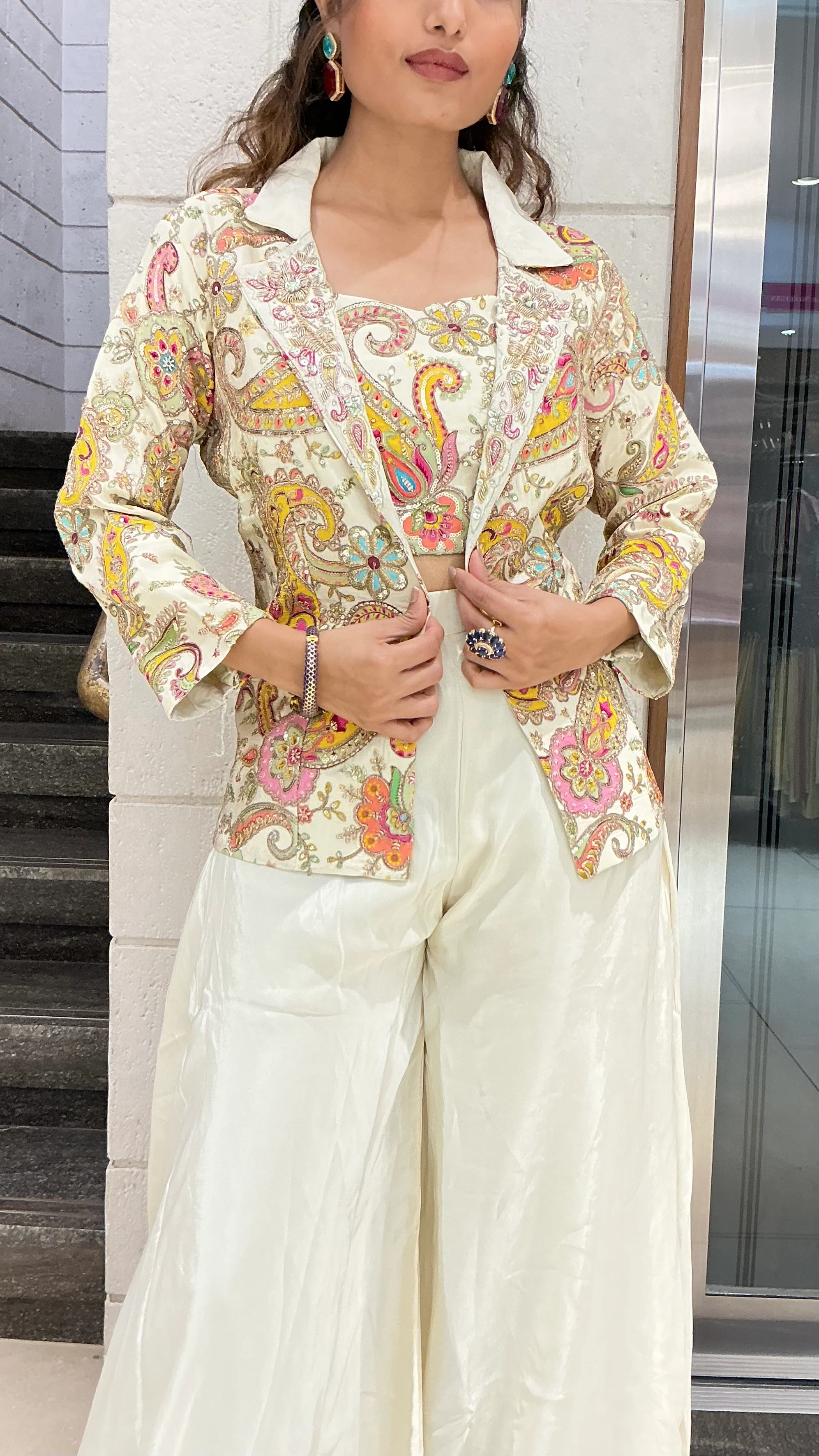 Ivory Paisley Printed Designer Palazzo Set with Crop Top & Statement Jacket - Image 2