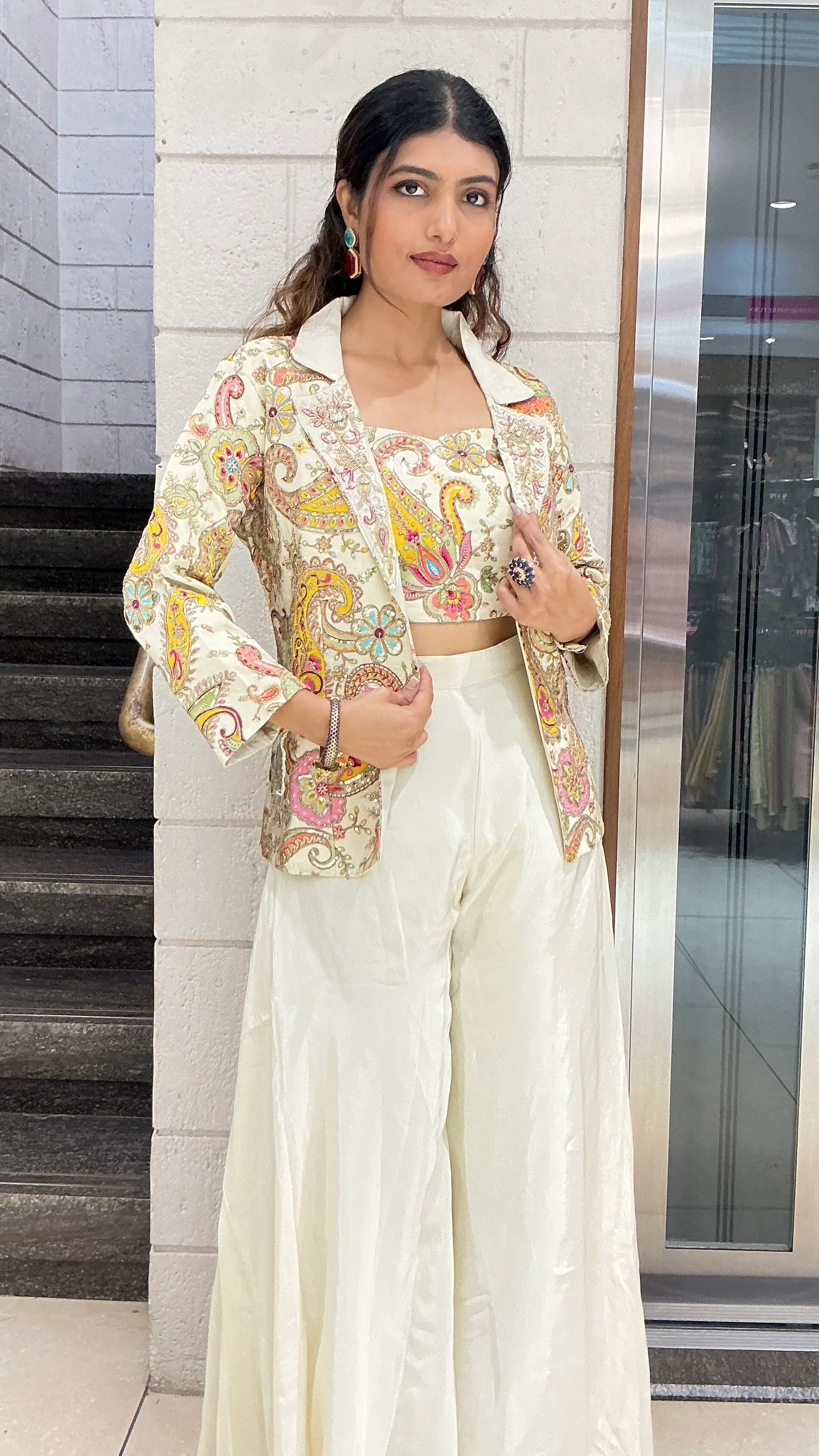 Ivory Paisley Printed Designer Palazzo Set with Crop Top & Statement Jacket - Image 5