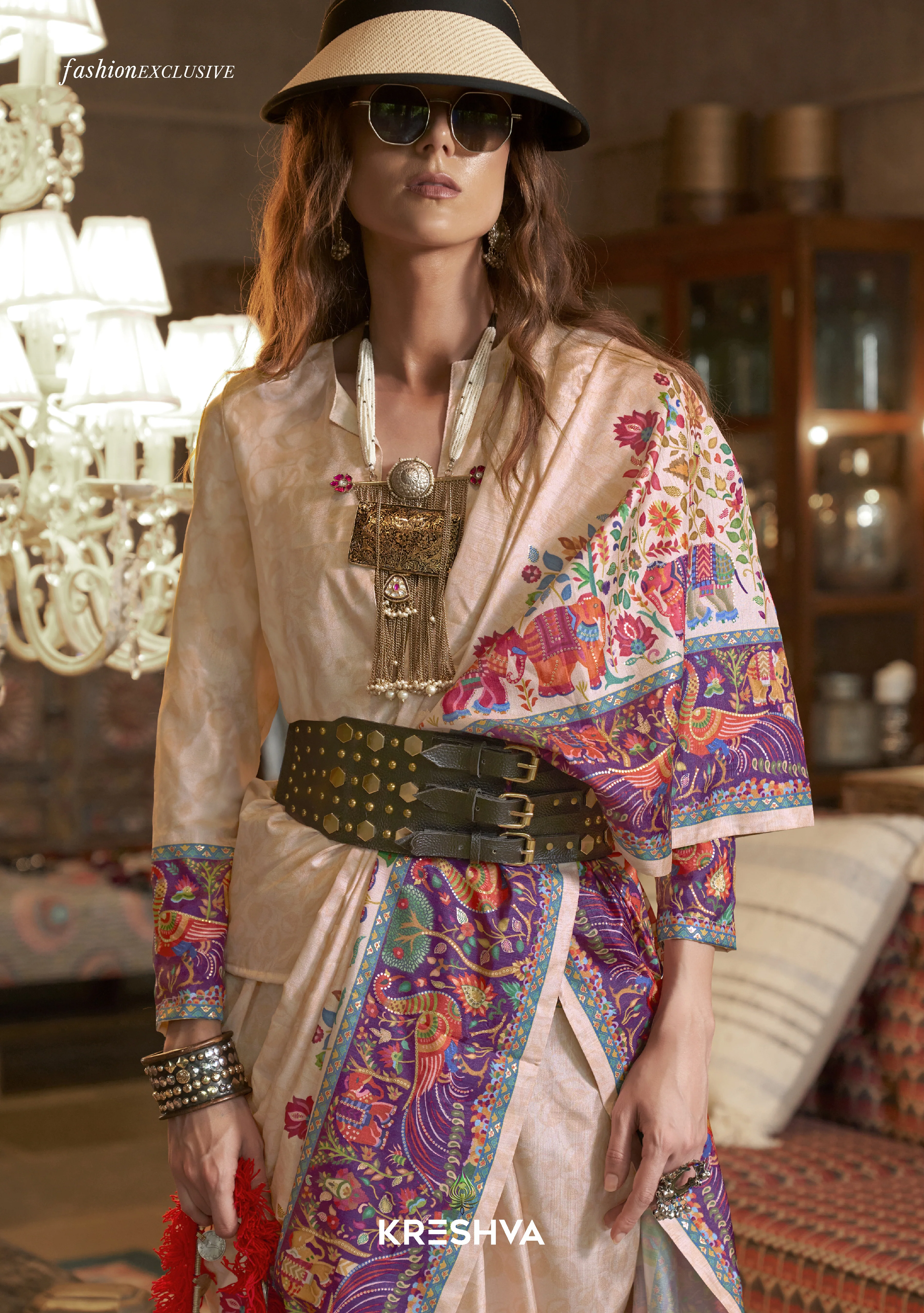Ivory Pashmina Prints Inspired Designer Saree with Folk Motifs - Image 2