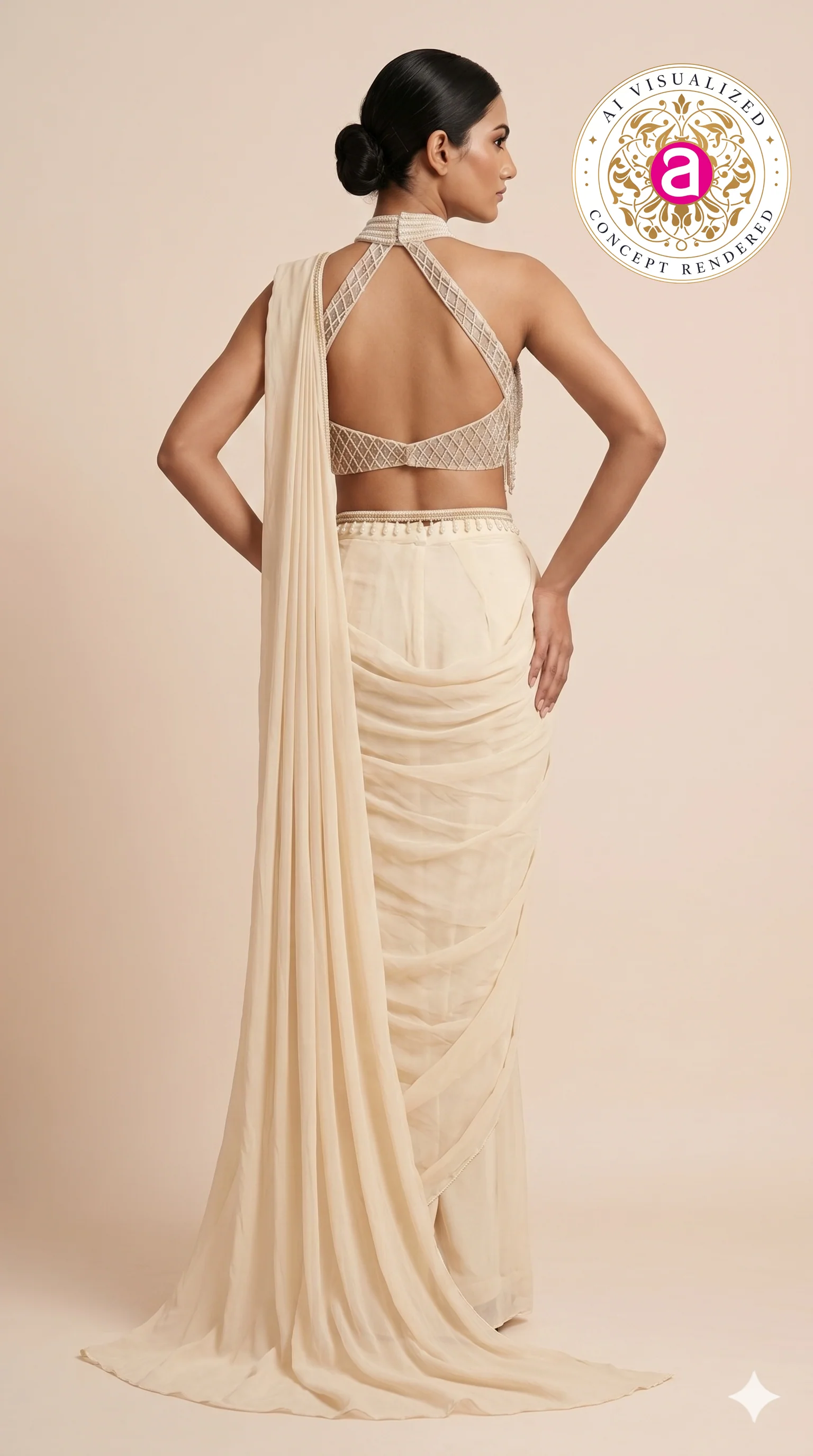 Ivory Pearl Drape Designer Saree with Beaded Halter Neck Blouse - Image 2