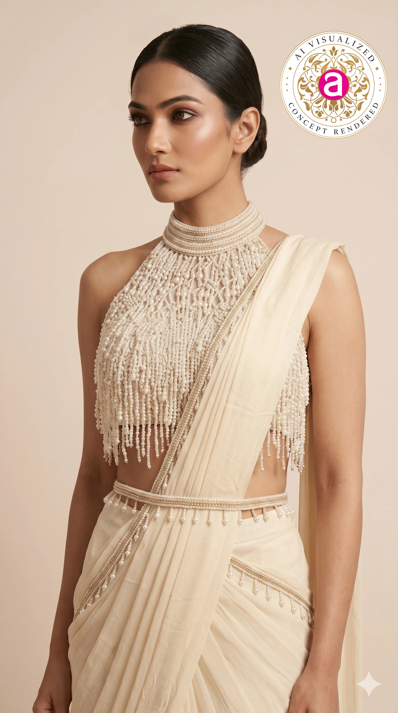 Ivory Pearl Drape Designer Saree with Beaded Halter Neck Blouse - Image 3