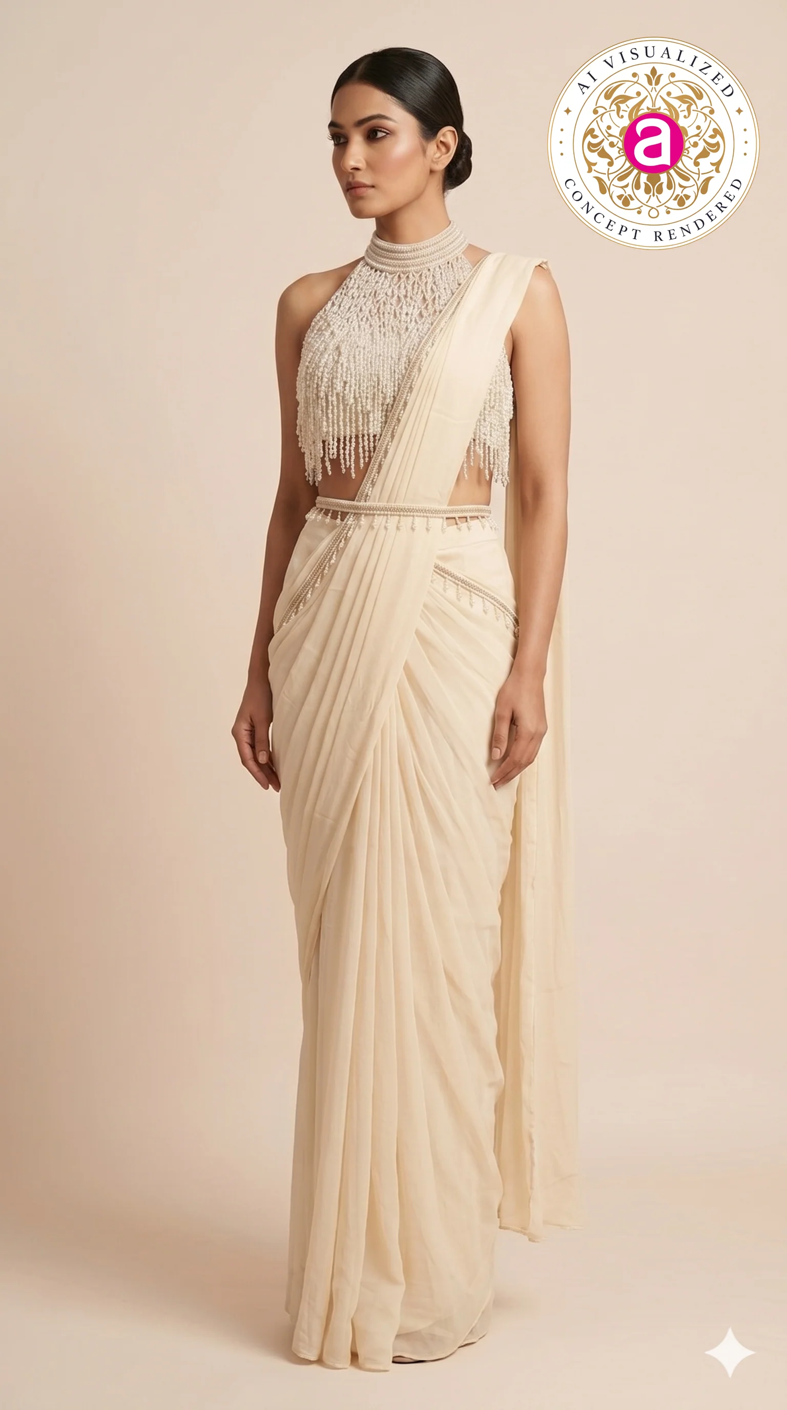 Ivory Pearl Drape Designer Saree with Beaded Halter Neck Blouse - Image 4