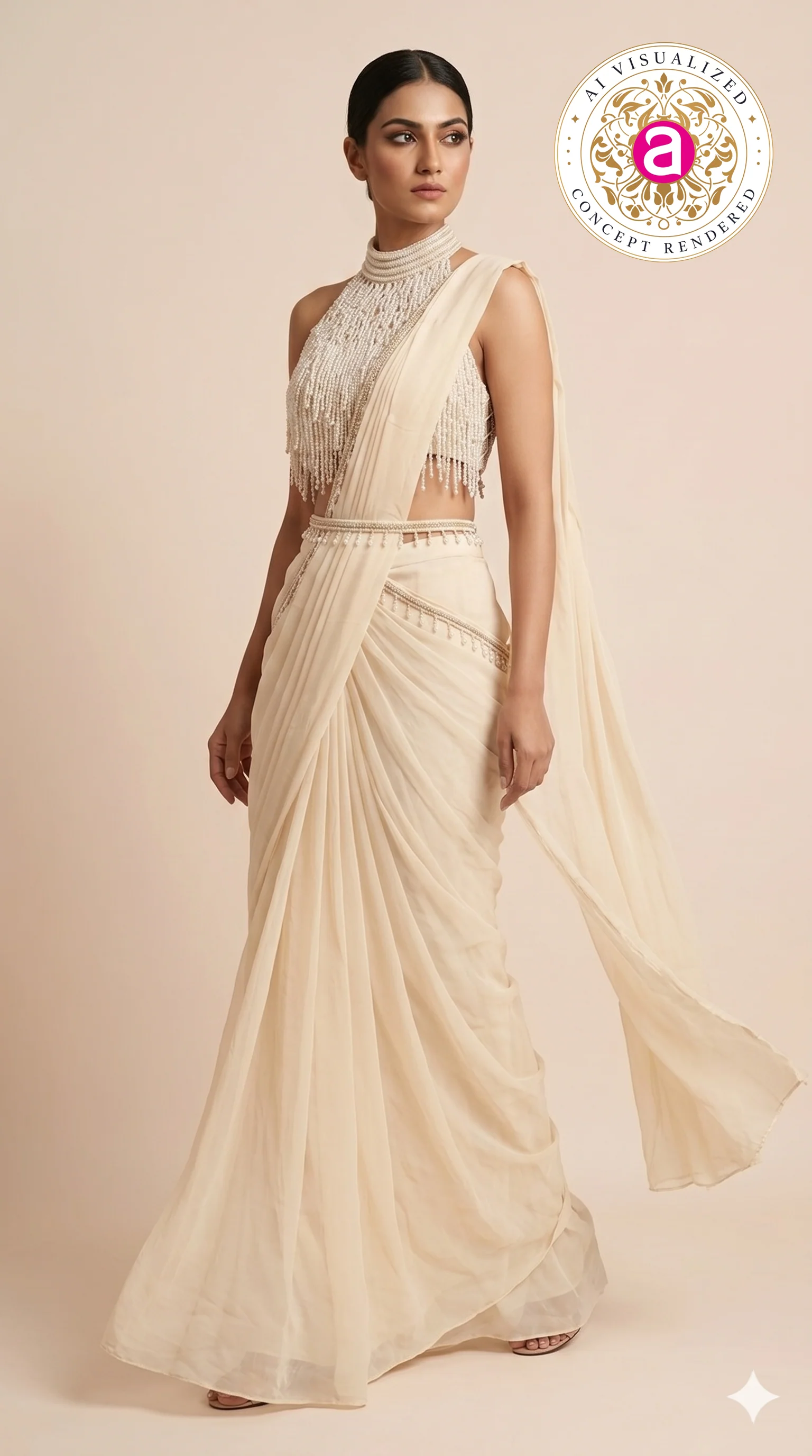 Ivory Pearl Drape Designer Saree with Beaded Halter Neck Blouse - Image 5