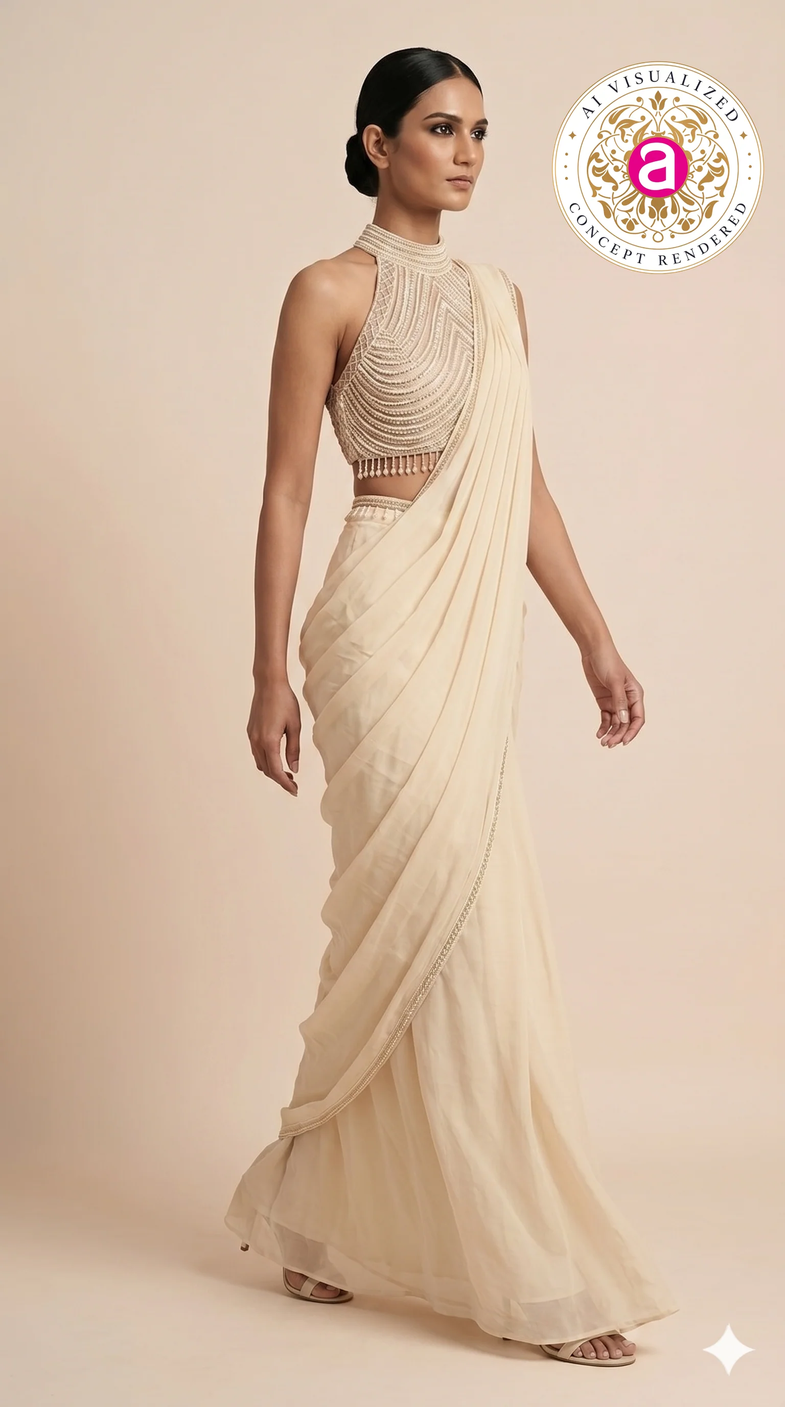 Ivory Pearl Drape Designer Saree with Beaded Halter Neck Blouse - Image 6