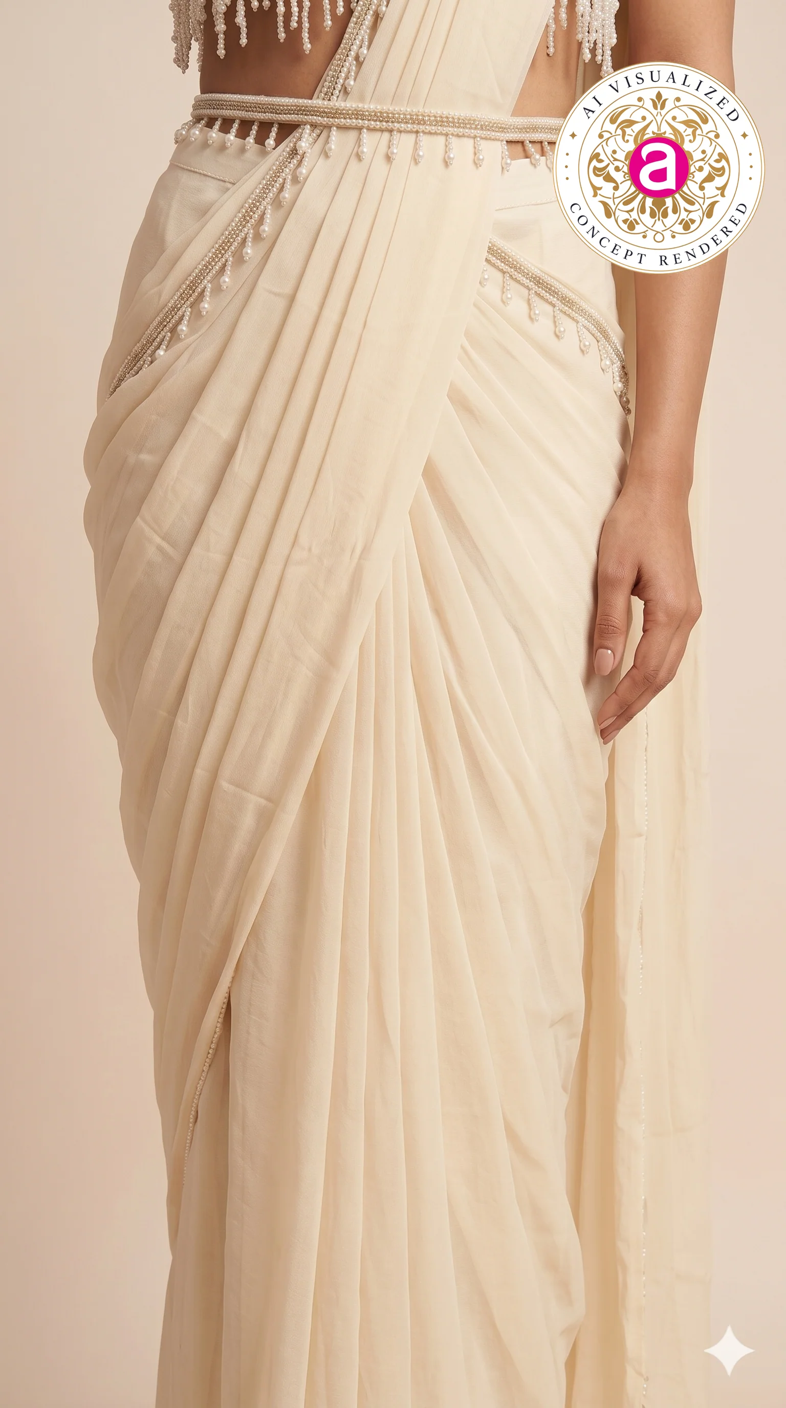 Ivory Pearl Drape Designer Saree with Beaded Halter Neck Blouse - Image 7