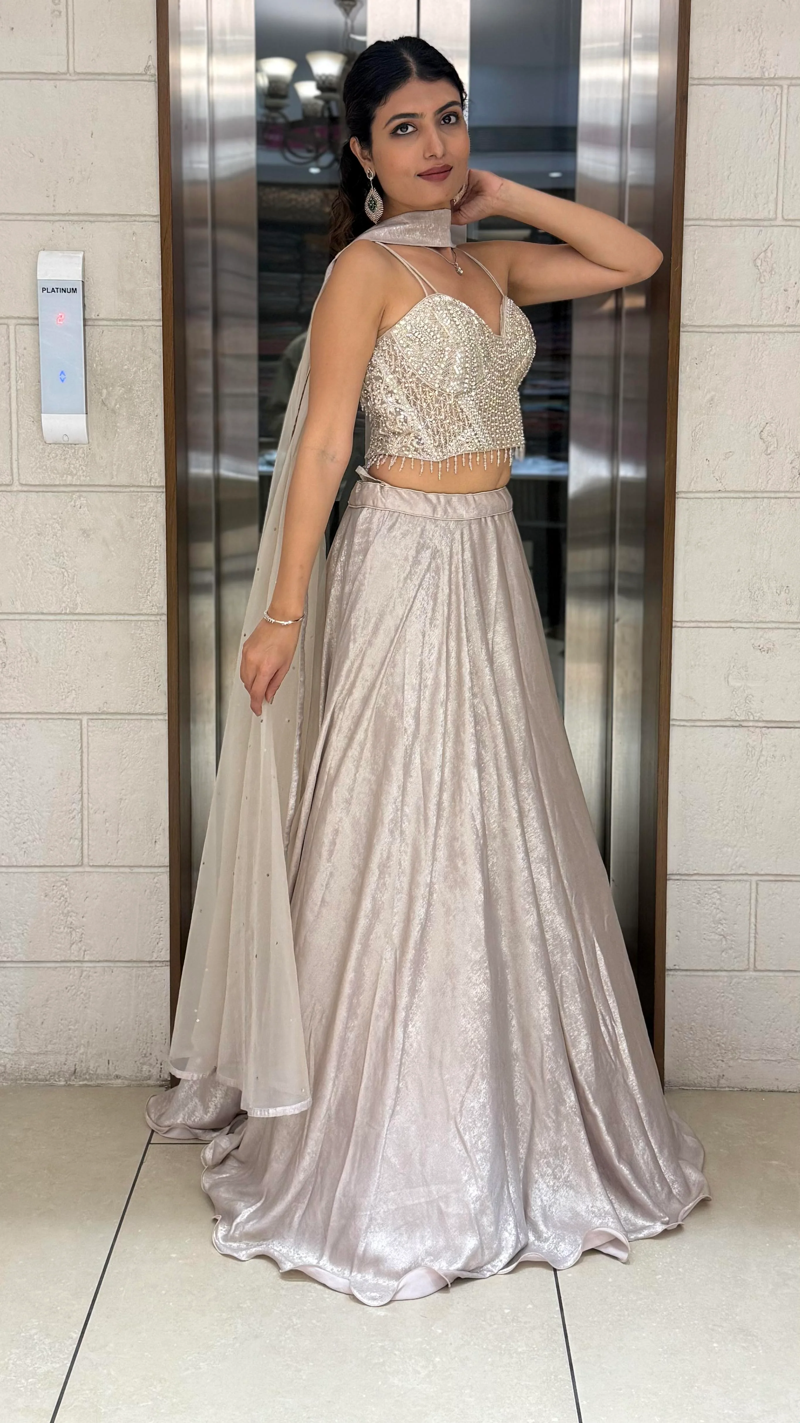 Ivory Pearl-Embellished Designer Lehenga Set with Sheer Dupatta - Image 3